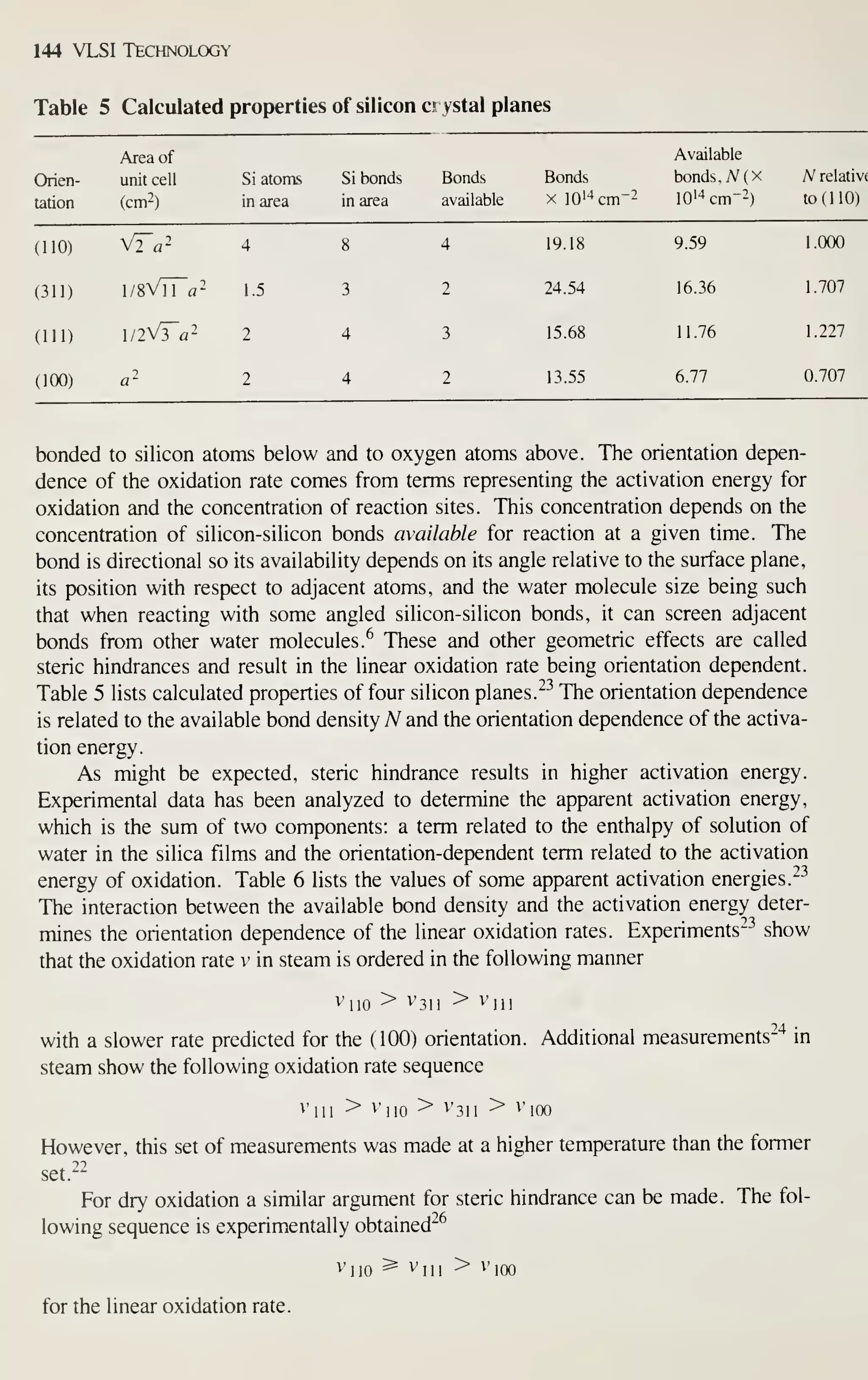 144 VLSI Technology
Table 5 Calculated properties of silicon crystal planes
Area of Available
Orien- unit cell Si atoms Si bonds Bonds Bonds bonds, N(x N relative
tation (cm-) in area in area available X lO'^cm-2 10'4cm-2) to (110)
(110) V2~a- 4 8 4 19.18 9.59 1.000
(311) I/8V11 a- 1.5 3 2 24.54 16.36 1.707
(111) l/lVTa'- 2 4 3 15.68 11.76 1.227
(100) fl2 2 4 2 13.55 6.77 0.707
bonded to silicon atoms below and to oxygen atoms above. The orientation depen-
dence of the oxidation rate comes from terms representing the activation energy for
oxidation and the concentration of reaction sites. This concentration depends on the
concentration of silicon-silicon bonds available for reaction at a given time. The
bond is directional so its availability depends on its angle relative to the surface plane,
its position with respect to adjacent atoms, and the water molecule size being such
that when reacting with some angled silicon-silicon bonds, it can screen adjacent
bonds from other water molecules.^ These and other geometric effects are called
steric hindrances and result in the linear oxidation rate being orientation dependent.
Table 5 lists calculated properties of four silicon planes.^-' The orientation dependence
is related to the available bond density A^ and the orientation dependence of the activa-
tion energy.
As might be expected, steric hindrance results in higher activation energy.
Experimental data has been analyzed to determine the apparent activation energy,
which is the sum of two components: a term related to the enthalpy of solution of
water in the silica films and the orientation-dependent term related to the activation
energy of oxidation. Table 6 lists the values of some apparent activation energies.'^-'
The interaction between the available bond density and the activation energy deter-
mines the orientation dependence of the linear oxidation rates. Experiments"^ show
that the oxidation rate v in steam is ordered in the following manner
with a slower rate predicted for the (100) orientation. Additional measurements"'* in
steam show the following oxidation rate sequence
^'111 > ^'110 > ^'311 > "^'lOO
However, this set of measurements was made at a higher temperature than the former
set.^^
For dry oxidation a similar argument for steric hindrance can be made. The fol-
lowing sequence is experimentally obtained^^
vuo ^ ^'111 > ^'100
for the linear oxidation rate.
 