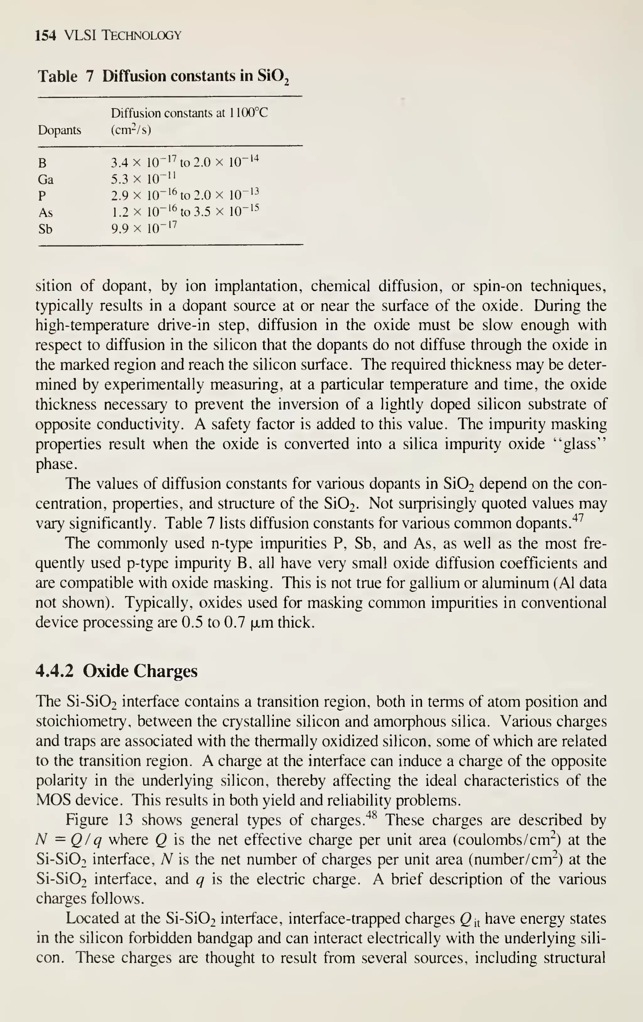 154 VLSI Technology
Table 7 Diffusion constants in SiO
Diffusion constants at 1 100°C
Dopants (cm^/s)
B 3.4 X 10"'^ to 2.0 X 10"''*
Ga 5.3x10""
P 2.9 X 10"'^ to 2.0 X 10-'3
As 1.2X 10-'6to3.5 X 10-'5
Sb 9.9 X 10"'^
sition of dopant, by ion implantation, chemical diffusion, or spin-on techniques,
typically results in a dopant source at or near the surface of the oxide. During the
high-temperature drive-in step, diffusion in the oxide must be slow enough with
respect to diffusion in the silicon that the dopants do not diffuse through the oxide in
the marked region and reach the silicon surface. The required thickness may be deter-
mined by experimentally measuring, at a particular temperature and time, the oxide
thickness necessary to prevent the inversion of a lightly doped silicon substrate of
opposite conductivity. A safety factor is added to this value. The impurity masking
properties result when the oxide is converted into a silica impurity oxide "glass"
phase.
The values of diffusion constants for various dopants in SiO? depend on the con-
centration, properties, and structure of the Si02. Not surprisingly quoted values may
vary significantly. Table 7 lists diffusion constants for various common dopants."*^
The commonly used n-type impurities P, Sb, and As, as well as the most fre-
quently used p-type impurity B, all have very small oxide diffusion coefficients and
are compatible with oxide masking. This is not true for gallium or aluminum ( Al data
not shown). Typically, oxides used for masking common impurities in conventional
device processing are 0.5 to 0.7 |xm thick.
4.4.2 Oxide Charges
The Si-Si02 interface contains a transition region, both in terms of atom position and
stoichiometry, between the crystalline silicon and amorphous silica. Various charges
and traps are associated with the thermally oxidized silicon, some of which are related
to the transition region. A charge at the interface can induce a charge of the opposite
polarity in the underlying silicon, thereby affecting the ideal characteristics of the
MOS device. This results in both yield and reliability problems.
Figure 13 shows general types of charges. "^^
These charges are described by
N = Q/ q where Q is the net effective charge per unit area ( coulombs /cm^) at the
Si-Si02 interface, N is the net number of charges per unit area ( number/ cm~) at the
Si-Si02 interface, and q is the electric charge. A brief description of the various
charges follows.
Located at the Si-Si02 interface, interface-trapped charges Q^^ have energy states
in the silicon forbidden bandgap and can interact electrically with the underlying sili-
con. These charges are thought to result from several sources, including structural
 
