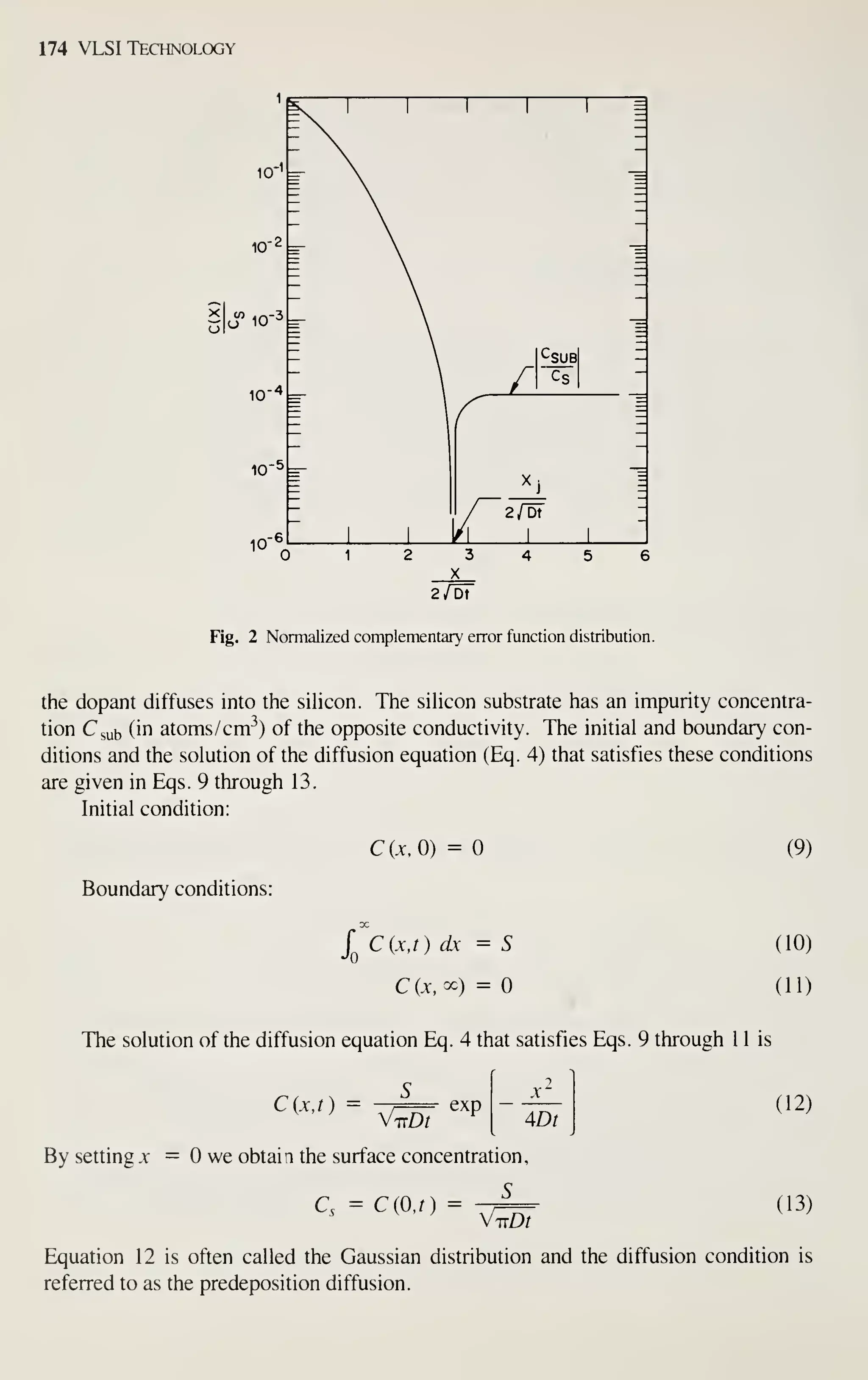 174 VLSI Technology
z/dT
Fig. 2 Normalized complementary error function distribution.
the dopant diffuses into the sihcon. The silicon substrate has an impurity concentra-
tion Csub (in atoms/cm^) of the opposite conductivity. The initial and boundary con-
ditions and the solution of the diffusion equation (Eq. 4) that satisfies these conditions
are given in Eqs. 9 through 13.
Initial condition:
Boundary conditions:
C(jc, 0) =
X,
r C{x,t) dx = S
Jq
C (x, ^) =
The solution of the diffusion equation Eq. 4 that satisfies Eqs. 9 through 1 1 is
S
Cixj) = exp
By setting jc = we obtain the surface concentration,
S
ADt
Cs = C(0,r) =
VttD7
(9)
(10)
(11)
(12)
(13)
Equation 12 is often called the Gaussian distribution and the diffusion condition is
referred to as the predeposition diffusion.
 