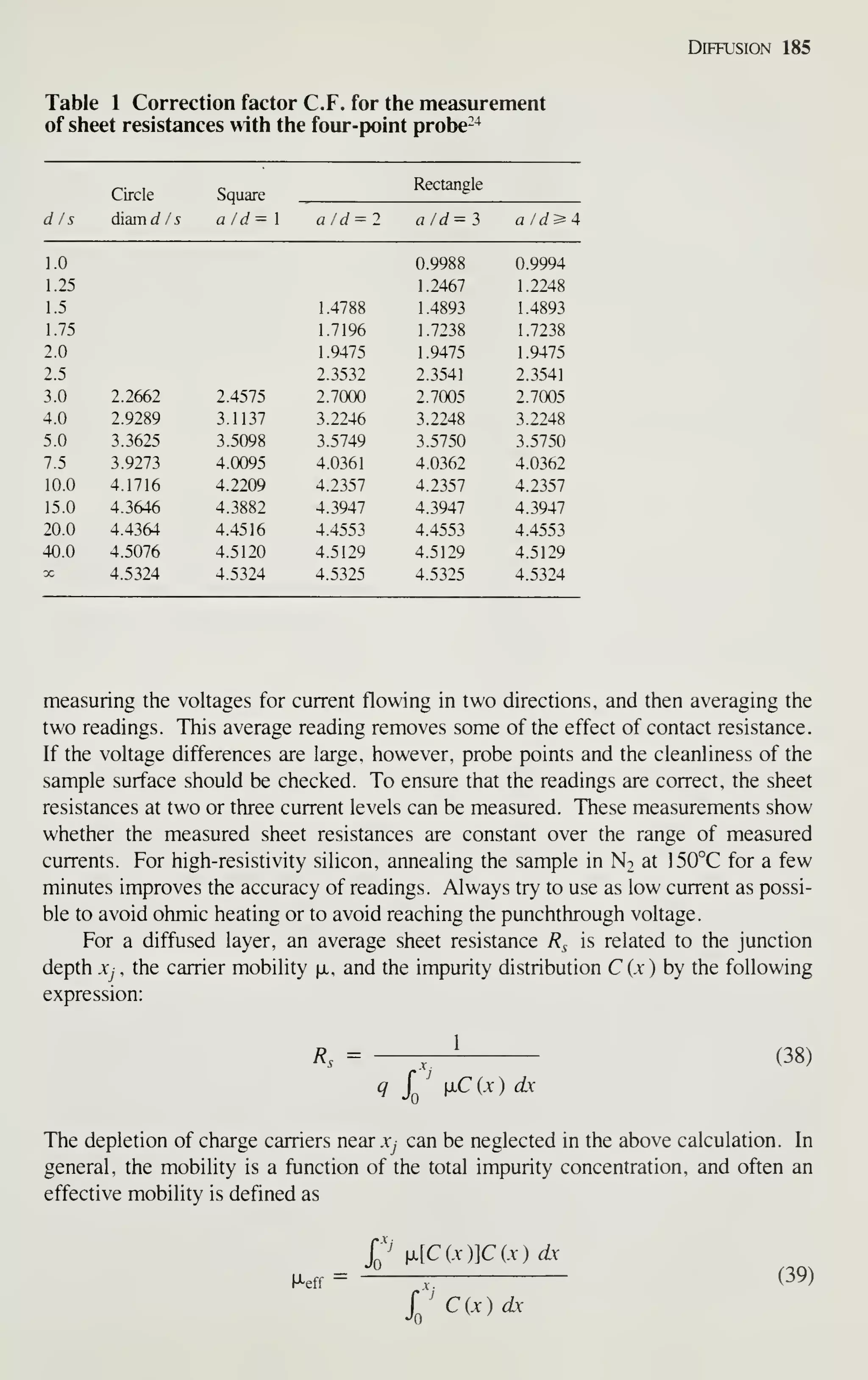 Diffusion 185
Table 1 Correction factor C.F. for the measurement
of sheet resistances with the four-point probe-^
Circle Square
Rectangle
d/s diam d/s a/d^ 1 a/d = 2 a/d = 3 a /d^4
1.0 0.9988 0.9994
1.25 1.2467 1.2248
1.5 1.4788 1.4893 1.4893
1.75 1.7196 1.7238 1.7238
2.0 1.9475 1 .9475 1 .9475
2.5 2.3532 2.3541 2.3541
3.0 2.2662 2.4575 2.7000 2.7005 2.7005
4.0 2.9289 3.1137 3.2246 3.2248 3.2248
5.0 3.3625 3.5098 3.5749 3.5750 3.5750
7.5 3.9273 4.0095 4.0361 4.0362 4.0362
10.0 4.1716 4.2209 4.2357 4.2357 4.2357
15.0 4.3646 4.3882 4.3947 4.3947 4.3947
20.0 4.4364 4.4516 4.4553 4.4553 4.4553
40.0 4.5076 4.5120 4.5129 4.5129 4.5129
oc 4.5324 4.5324 4.5325 4.5325 4.5324
measuring the voltages for current flowing in two directions, and then averaging the
two readings. This average reading removes some of the effect of contact resistance.
If the voltage differences are large, however, probe points and the cleanliness of the
sample surface should be checked. To ensure that the readings are correct, the sheet
resistances at two or three current levels can be measured. These measurements show
whether the measured sheet resistances are constant over the range of measured
currents. For high-resistivity silicon, annealing the sample in N2 at 150°C for a few
minutes improves the accuracy of readings. Always try to use as low current as possi-
ble to avoid ohmic heating or to avoid reaching the punchthrough voltage.
For a diffused layer, an average sheet resistance R^ is related to the junction
depth Xj , the carrier mobility ji, and the impurity distribution C (x ) by the following
expression:
Rs =
-r-^ (38)
^ X' M-CU) dx
The depletion of charge carriers near Xj can be neglected in the above calculation. In
general, the mobility is a function of the total impurity concentration, and often an
effective mobility is defined as
P x[C{x)]C(x)dx
^Jleff - -—V (39)
fJC{x)dx
 