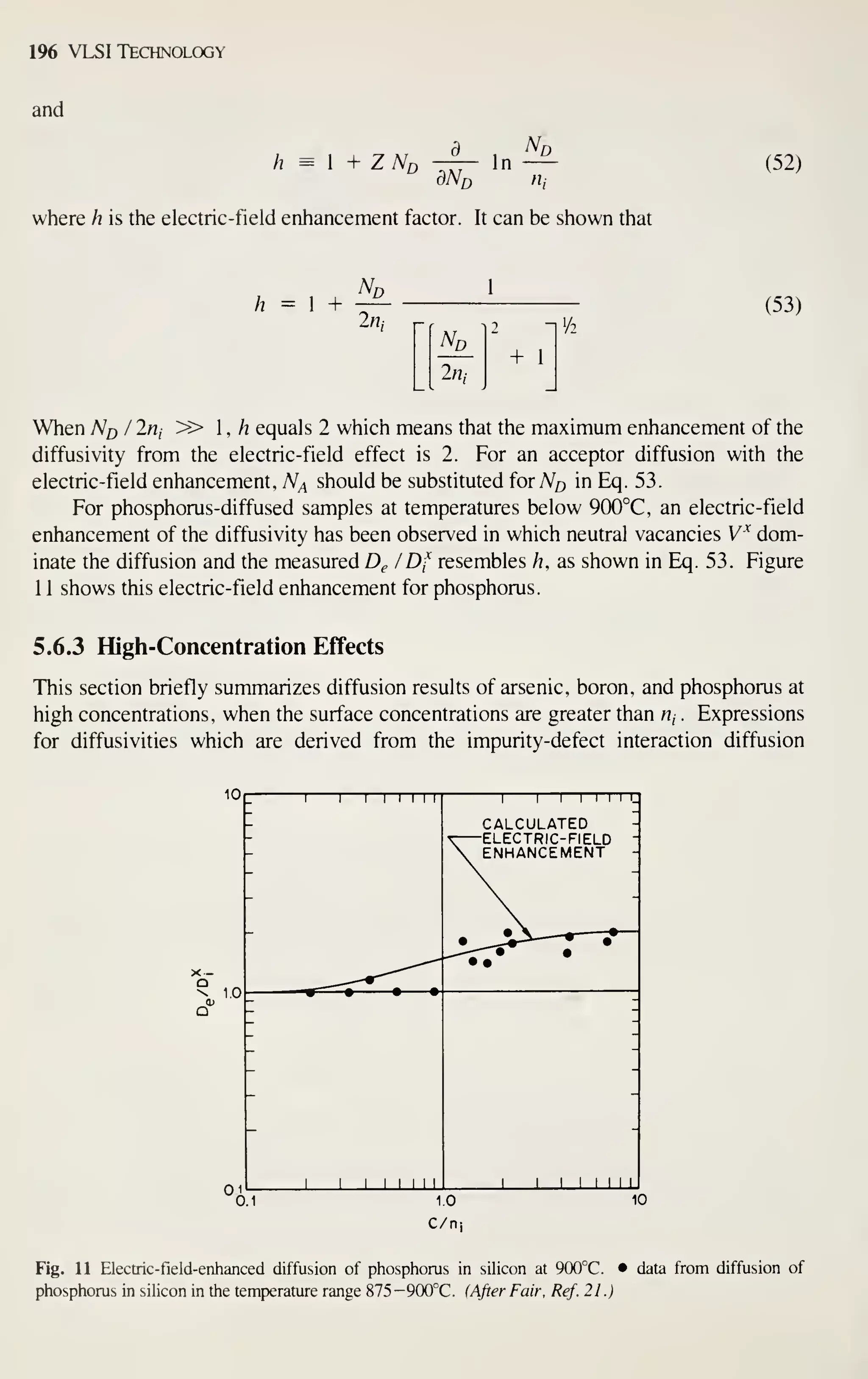 196 VLSI Technology
and
h = I + Z Nd -t- In —
^
dNo n,
where h is the electric-field enhancement factor. It can be shown that
(52)
/? = 1 +
A^r
2«, 1-
2/7,
n'/2
(53)
+ 1
When Nj^ I Irij » 1 , /z equals 2 which means that the maximum enhancement of the
diffusivity from the electric-field effect is 2. For an acceptor diffusion with the
electric-field enhancement, N^ should be subsdtuted for Nq in Eq. 53.
For phosphorus-diffused samples at temperatures below 900°C, an electric-field
enhancement of the diffusivity has been observed in which neutral vacancies V^ dom-
inate the diffusion and the measured D^ / Df resembles /?, as shown in Eq. 53. Figure
1 1 shows this electric-field enhancement for phosphorus.
5.6.3 High-Concentration Effects
This section briefly summarizes diffusion results of arsenic, boron, and phosphorus at
high concentrations, when the surface concentrations are greater than «, . Expressions
for diffusivities which are derived from the impurity-defect interaction diffusion
10
1.0
OJ,
_ r I T I M I 1 I 1 1 1 1 1 1 1.
CALCULATED
r ELECTRIC-FIELD "
 ENHANCEMENT -
1 1 1
Mill
1
1
1
Z
0.1 1.0
C/Oj
10
Fig. 11 Electric-field-enhanced diffusion of phosphorus in siHcon at 9(X)°C. • data from diffusion of
phosphorus in silicon in the temperature range 875—900°C. (After Fair, Ref. 21.)
 