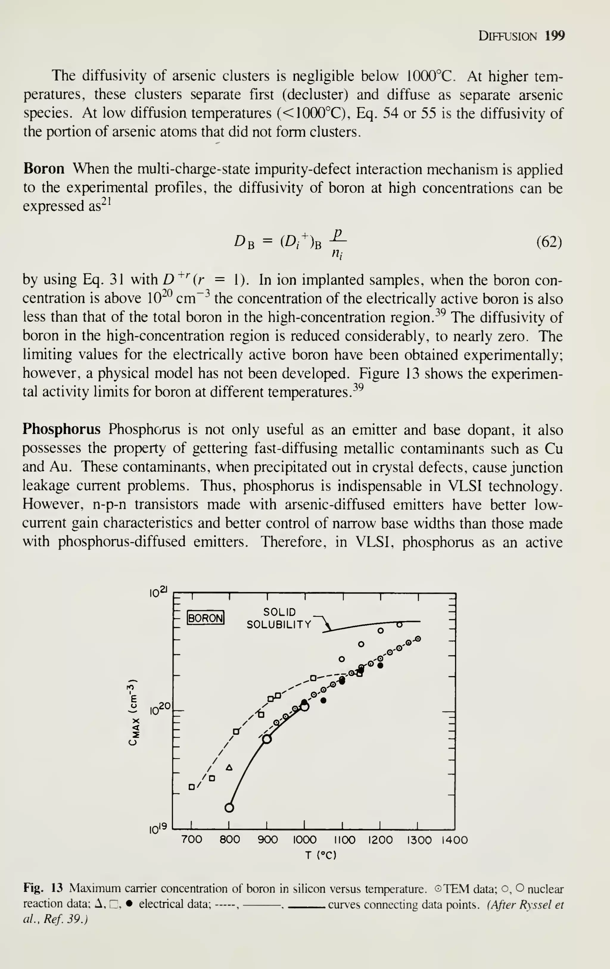 Diffusion 199
The diffusivity of arsenic clusters is negligible below 1000°C. At higher tem-
peratures, these clusters separate first (decluster) and diffuse as separate arsenic
species. At low diffusion temperatures (<10(X)°C), Eq. 54 or 55 is the diffusivity of
the portion of arsenic atoms that did not form clusters.
Boron When the multi-charge-state impurity-defect interaction mechanism is applied
to the experimental profiles, the diffusivity of boron at high concentrations can be
expressed as^^
Db = (A
Hi
(62)
by using Eq. 31 with D^''{r = 1). In ion implanted samples, when the boron con-
centration is above 10^^ cm~^ the concentration of the electrically active boron is also
less than that of the total boron in the high-concentration region. ^^ The diffusivity of
boron in the high-concentration region is reduced considerably, to nearly zero. The
limiting values for the electrically active boron have been obtained experimentally;
however, a physical model has not been developed. Figure 13 shows the experimen-
tal activity limits for boron at different temperatures.-^^
Phosphorus Phosphorus is not only useful as an emitter and base dopant, it also
possesses the property of gettering fast-diffusing metallic contaminants such as Cu
and Au. These contaminants, when precipitated out in crystal defects, cause junction
leakage current problems. Thus, phosphorus is indispensable in VLSI technology.
However, n-p-n transistors made with arsenic-diffused emitters have better low-
current gain characteristics and better control of narrow base widths than those made
with phosphorus-diffused emitters. Therefore, in VLSI, phosphorus as an active
10^
E
^ la
,20
- 1 1 1 1 1 1 —I— _
~
SOLID
SOLUBILITY ^y____-
^
—
- IboronI
TT
-
~
o
,o
O
0-® -
-
-i^-°*
.-">•
-
/'^
<^
— .
— _
ti /^ -
/ ^Cj —
/ A^ _
/ /
/ / —
/ A /
/n /( -
u'
/
1 1 1 1 1 1 1
700 800 900 1000 1100 1200 1300 1400
T CO
Fig. 13 Maximum carrier concentration of boron in silicon versus temperature. ©TEM data; o, O nuclear
reaction data; A, Z, • electrical data; , curves connecting data points. {After Rxssel et
al..Ref.39.)
 