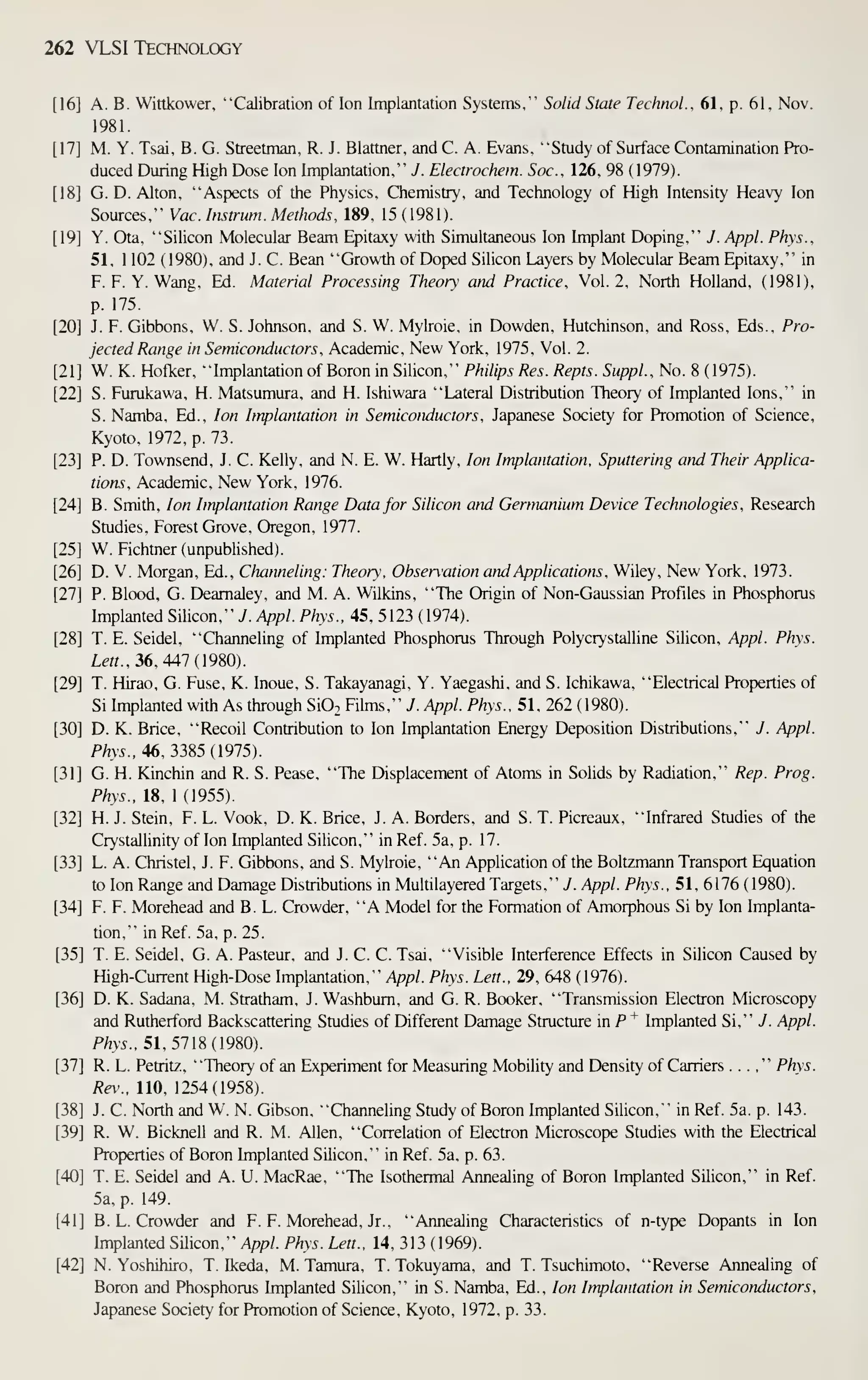 262 VLSI Technology
A. B. Wittkower, "Calibration of Ion Implantation Systems," Solid State TechnoL, 61, p. 61, Nov.
1981.
M. Y. Tsai, B. G. Streetman, R. J. Blattner, and C. A. Evans, "Study of Surface Contamination Pro-
duced During High Dose Ion Implantation," J. Electrochem. Soc, 126, 98 ( 1979).
G. D. Alton, "Aspects of the Physics, Chemistry, and Technology of High Intensity Heavy Ion
Sources," Vac. lustrum. Methods, 189, 15 (1981).
Y. Ota, "Silicon Molecular Beam Epitaxy with Simultaneous Ion Implant Doping," J. Appl. Phys.,
51, 1 102 (1980), and J. C. Bean "Growth of Doped Silicon Layers by Molecular Beam Epitaxy," in
F. F. Y. Wang, Ed. Material Processing Theory and Practice, Vol.2, North Holland, (1981),
p. 175.
J. F. Gibbons, W. S. Johnson, and S. W. Mylroie, in Dowden, Hutchinson, and Ross, Eds., Pro-
jected Range in Semiconductors, Academic, New York, 1975, Vol. 2.
W. K. Hofker, "Implantation of Boron in Silicon," Philips Res. Repts. Suppi, No. 8 (1975).
S. Furukawa, H. Matsumura, and H. Ishiwara "Lateral Distribution Theory of Implanted Ions," in
S. Namba, Ed., Ion Implantation in Semiconductors, Japanese Society for Promotion of Science,
Kyoto, 1972, p. 73.
P. D. Townsend, J. C. Kelly, and N. E. W. Hartly, Ion Implantation, Sputtering and Their Applica-
tions, Academic, New York, 1976.
B. Smith, Ion Implantation Range Data for Silicon and Germanium Device Technologies, Research
Studies, Forest Grove, Oregon, 1977.
W. Fichtner (unpublished).
D. V. Morgan, Ed., Channeling: Theory. Obsen'ation and Applications , Wiley, New York, 1973.
P. Blood, G. Deamaley, and M. A. Wilkins, "The Origin of Non-Gaussian Profiles in Phosphorus
Implanted Silicon," 7. Appl. Phys., 45, 5123 (1974).
T. E. Seidel, "Channeling of Implanted Phosphorus Through Polycrystalline Silicon, Appl. Phys.
Lm., 36, 447 (1980).
T. Hirao, G. Fuse, K. Inoue, S. Takayanagi, Y. Yaegashi, and S. Ichikawa, "Electrical Properties of
Si Implanted with As through Si02 Films," J. Appl. Phys., 51, 262 (1980).
D. K. Brice, "Recoil Contribution to Ion Implantation Energy Deposition Distributions," J. Appl.
Phys., 46, i3S5 (1915).
G. H. Kinchin and R. S. Pease, "The Displacement of Atoms in Solids by Radiation," Rep. Prog.
Phys., 18, 1(1955).
H. J. Stein, F. L. Vook, D. K. Brice, J. A. Borders, and S. T. Picreaux, "Infrared Studies of the
Crystallinity of Ion Implanted Silicon," in Ref. 5a, p. 17.
L. A. Christel, J. F. Gibbons, and S. Mylroie, "An Application of the Boltzmann Transport Equation
to Ion Range and Damage Distributions in Multilayered Targets," 7. Appl. Phys., 51, 6176 (1980).
F. F. Morehead and B. L. Crowder, "A Model for the Formation of Amorphous Si by Ion Implanta-
tion," in Ref. 5a, p. 25.
T. E. Seidel, G. A. Pasteur, and J. C. C. Tsai, "Visible Interference Effects in Silicon Caused by
High-Current High-Dose Implantation," Appl. Phys. Lett., 29, 648 (1976).
D. K. Sadana, M. Stratham, J. Washbum, and G. R. Booker, "Transmission Electron Microscopy
and Rutherford Backscattering Studies of Different Damage Structure in P ^ Implanted Si," J. Appl.
P/zy^., 51, 5718 (1980).
R. L. Petritz, "Theory of an Experiment for Measuring Mobility and Density of Carriers . . .
." Phys.
Rev., 110, 1254(1958).
J. C. North and W. N. Gibson, "Channeling Study of Boron Implanted Silicon," in Ref. 5a. p. 143.
R. W. Bicknell and R. M. Allen, "Correlation of Electron Microscope Studies with the Electrical
Properties of Boron Implanted Silicon," in Ref. 5a, p. 63.
T. E. Seidel and A. U. MacRae, "The Isothermal Annealing of Boron Implanted Silicon," in Ref.
5a, p. 149.
B. L. Crowder and F. F. Morehead, Jr., "Annealing Characteristics of n-type Dopants in Ion
Implanted Silicon,' ' Appl. Phys. Lett., 14, 313 (1969).
N. Yoshihiro, T. Dceda, M. Tamura, T. Tokuyama, and T. Tsuchimoto, "Reverse Annealing of
Boron and Phosphorus Implanted Silicon," in S. Namba, Ed., Ion Implantation in Semiconductors,
Japanese Society for Promotion of Science, Kyoto, 1972, p. 33.
 