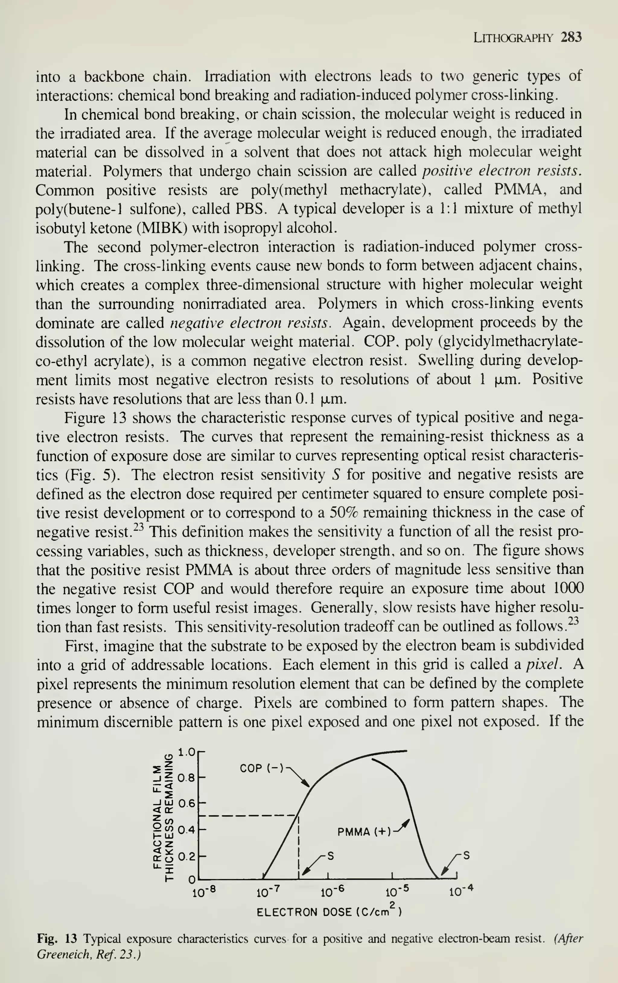 Lithography 283
into a backbone chain. Irradiation with electrons leads to two generic types of
interactions: chemical bond breaking and radiation-induced polymer cross-linking.
In chemical bond breaking, or chain scission, the molecular weight is reduced in
the irradiated area. If the average molecular weight is reduced enough, the irradiated
material can be dissolved in a solvent that does not attack high molecular weight
material. Polymers that undergo chain scission are called positive electron resists.
Common positive resists are poly(methyl methacrylate), called PMMA, and
poly(butene-l sulfone), called PBS. A typical developer is a 1:1 mixture of methyl
isobutyl ketone (MIBK) with isopropyl alcohol.
The second polymer-electron interaction is radiation-induced polymer cross-
linking. The cross-linking events cause new bonds to form between adjacent chains,
which creates a complex three-dimensional structure with higher molecular weight
than the surrounding nonirradiated area. Polymers in which cross-linking events
dominate are called negative electron resists. Again, development proceeds by the
dissolution of the low molecular weight material. COP, poly (glycidylmethacrylate-
co-ethyl acrylate), is a common negative electron resist. Swelling during develop-
ment limits most negative electron resists to resolutions of about 1 |jLm. Positive
resists have resolutions that are less than 0.1 ixm.
Figure 13 shows the characteristic response curves of typical positive and nega-
tive electron resists. The curves that represent the remaining-resist thickness as a
function of exposure dose are similar to curves representing optical resist characteris-
tics (Fig. 5). The electron resist sensitivity S for positive and negative resists are
defined as the electron dose required per centimeter squared to ensure complete posi-
tive resist development or to correspond to a 50% remaining thickness in the case of
negative resist. ^^ This definition makes the sensitivity a function of all the resist pro-
cessing variables, such as thickness, developer strength, and so on. The figure shows
that the positive resist PMMA is about three orders of magnitude less sensitive than
the negative resist COP and would therefore require an exposure time about 1000
times longer to form useful resist images. Generally, slow resists have higher resolu-
tion than fast resists. This sensitivity-resolution tradeoff can be outlined as follows.
^^
First, imagine that the substrate to be exposed by the electron beam is subdivided
into a grid of addressable locations. Each element in this grid is called a pixel. A
pixel represents the minimum resolution element that can be defined by the complete
presence or absence of charge. Pixels are combined to form pattern shapes. The
minimum discernible pattern is one pixel exposed and one pixel not exposed. If the
1 Or
ELECTRON DOSE (C/cm )
Fig. 13 Typical exposure characteristics curves for a positive and negative electron-beam resist. (Afier
Greeneich, Ref. 23.)
 