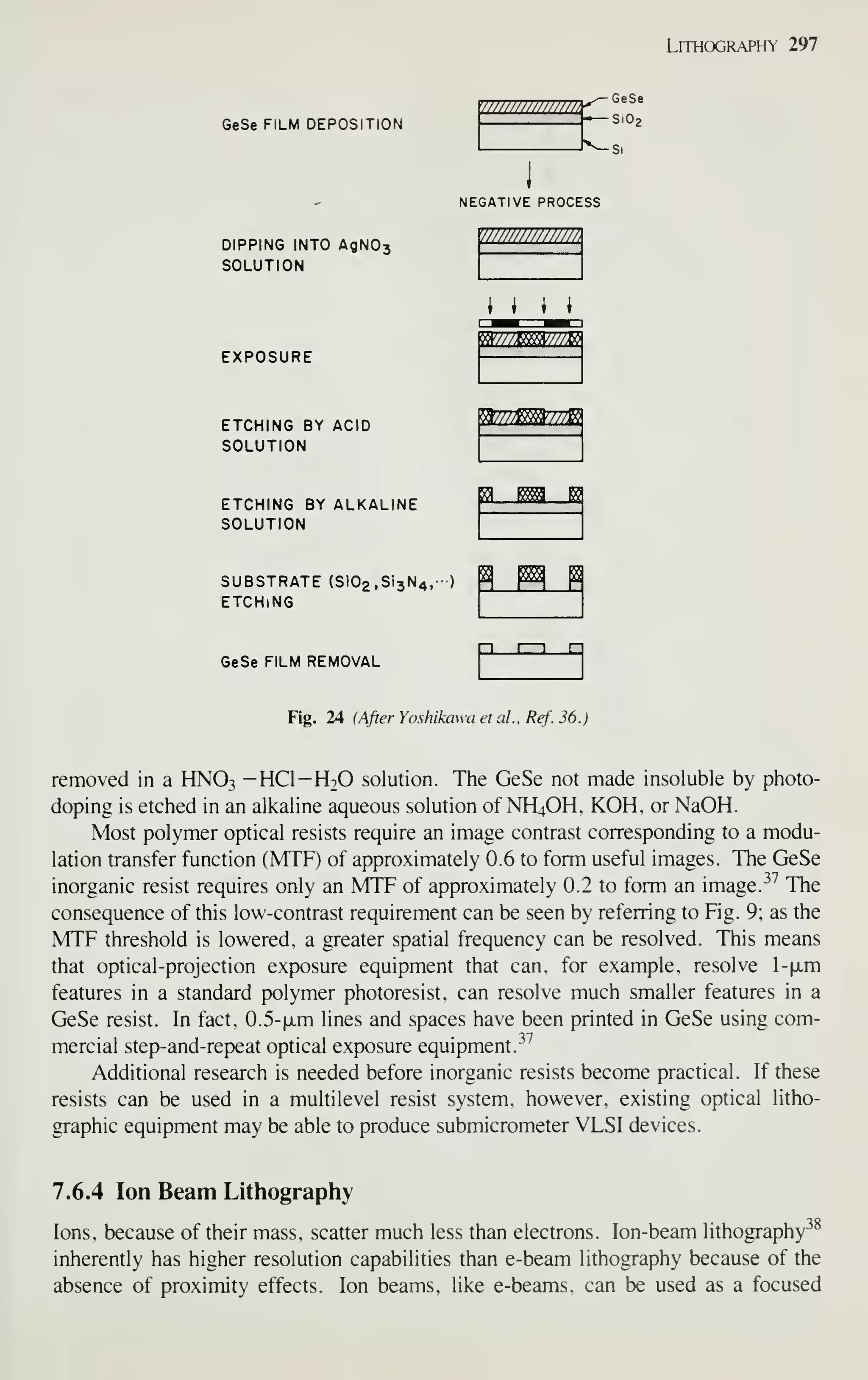 Lithography 297
^^- GeSe
777?//////////////
GeSeFILM DEPOSITION —S1O2
ss
1
NEGATIVE PROCE
7////////////////,
DIPPING INTO AgN03
SOLUTION
  ^ 
w//miw///xii
EXPOSURE
ETCHING BY ACID
m777^^77m
SOLUTION
P ym m
ETCHING BY ALKALINE
SOLUTION
SUBSTRATE (SiOa ,Si3N4,-)
f
m H
ETCHING
n t I n
GeSe FILM REMOVAL
Fig. 24 {After Yoshikawa etal., Ref. 36.)
removed in a HNO3 -HCl—H2O solution. The GeSe not made insoluble by photo-
doping is etched in an alkaline aqueous solution of NH4OH. KOH, or NaOH.
Most polymer optical resists require an image contrast corresponding to a modu-
lation transfer function (MTF) of approximately 0.6 to form useful images. The GeSe
inorganic resist requires only an MTF of approximately 0.2 to form an image. ^^ The
consequence of this low-contrast requirement can be seen by referring to Fig. 9; as the
MTF threshold is lowered, a greater spatial frequency can be resolved. This means
that optical-projection exposure equipment that can. for example, resolve l-jjim
features in a standard polymer photoresist, can resolve much smaller features in a
GeSe resist. In fact, 0.5-|JLm lines and spaces have been printed in GeSe using com-
mercial step-and-repeat optical exposure equipment.
-^^
Additional research is needed before inorganic resists become practical. If these
resists can be used in a multilevel resist system, however, existing optical litho-
graphic equipment may be able to produce submicrometer VLSI devices.
7.6.4 Ion Beam Lithography
Ions, because of their mass, scatter much less than electrons. Ion-beam lithography^^
inherently has higher resolution capabilities than e-beam lithography because of the
absence of proximity effects. Ion beams, like e-beams, can be used as a focused
 