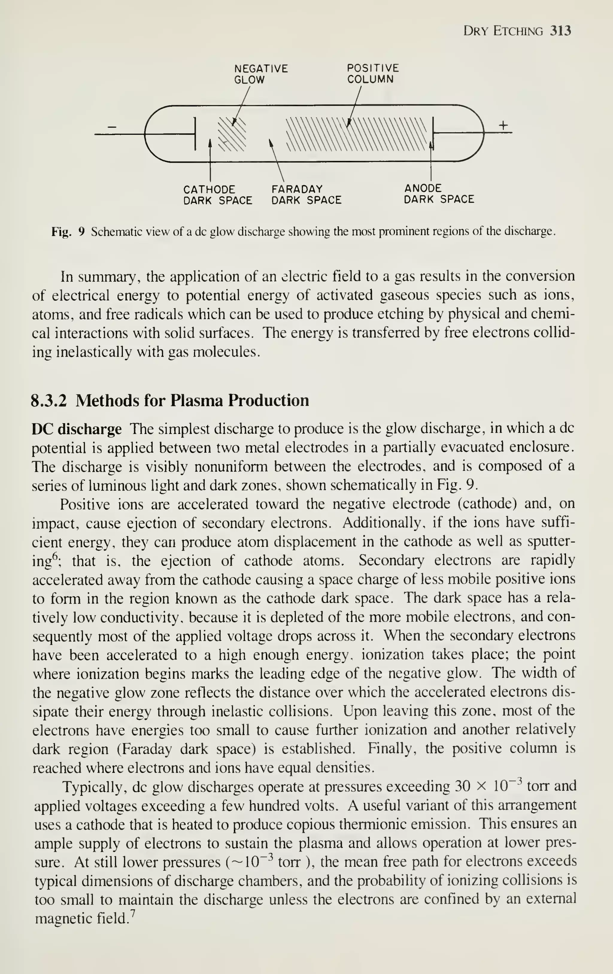 Dry Etching 313
CATHODE FARADAY ANODE
DARK SPACE DARK SPACE DARK SPACE
Fig. 9 Schematic view of a dc glow discharge showing the most prominent regions of the discharge.
In summary, the application of an electric field to a gas results in the conversion
of electrical energy to potential energy of activated gaseous species such as ions,
atoms, and free radicals which can be used to produce etching by physical and chemi-
cal interactions with solid surfaces. The energy is transferred by free electrons collid-
ing inelastically with gas molecules.
8.3.2 Methods for Plasma Production
DC discharge The simplest discharge to produce is the glow discharge, in which a dc
potential is applied between two metal electrodes in a partially evacuated enclosure.
The discharge is visibly nonuniform between the electrodes, and is composed of a
series of luminous light and dark zones, shown schematically in Fig. 9.
Positive ions are accelerated toward the negative electrode (cathode) and, on
impact, cause ejection of secondary electrons. Additionally, if the ions have suffi-
cient energy, they can produce atom displacement in the cathode as well as sputter-
ing^; that is, the ejection of cathode atoms. Secondary electrons are rapidly
accelerated away from the cathode causing a space charge of less mobile positive ions
to form in the region known as the cathode dark space. The dark space has a rela-
tively low conductivity, because it is depleted of the more mobile electrons, and con-
sequently most of the applied voltage drops across it. When the secondary electrons
have been accelerated to a high enough energy, ionization takes place; the point
where ionization begins marks the leading edge of the negative glow. The width of
the negative glow zone reflects the distance over which the accelerated electrons dis-
sipate their energy through inelastic collisions. Upon leaving this zone, most of the
electrons have energies too small to cause further ionization and another relatively
dark region (Faraday dark space) is established. Finally, the positive column is
reached where electrons and ions have equal densities.
Typically, dc glow discharges operate at pressures exceeding 30 x 10"-^ torr and
applied voltages exceeding a few hundred volts. A useful variant of this arrangement
uses a cathode that is heated to produce copious thermionic emission. This ensures an
ample supply of electrons to sustain the plasma and allows operation at lower pres-
sure. At still lower pressures (~10~^ torr ), the mean free path for electrons exceeds
typical dimensions of discharge chambers, and the probability of ionizing collisions is
too small to maintain the discharge unless the electrons are confmed by an external
magnetic field.
^
 