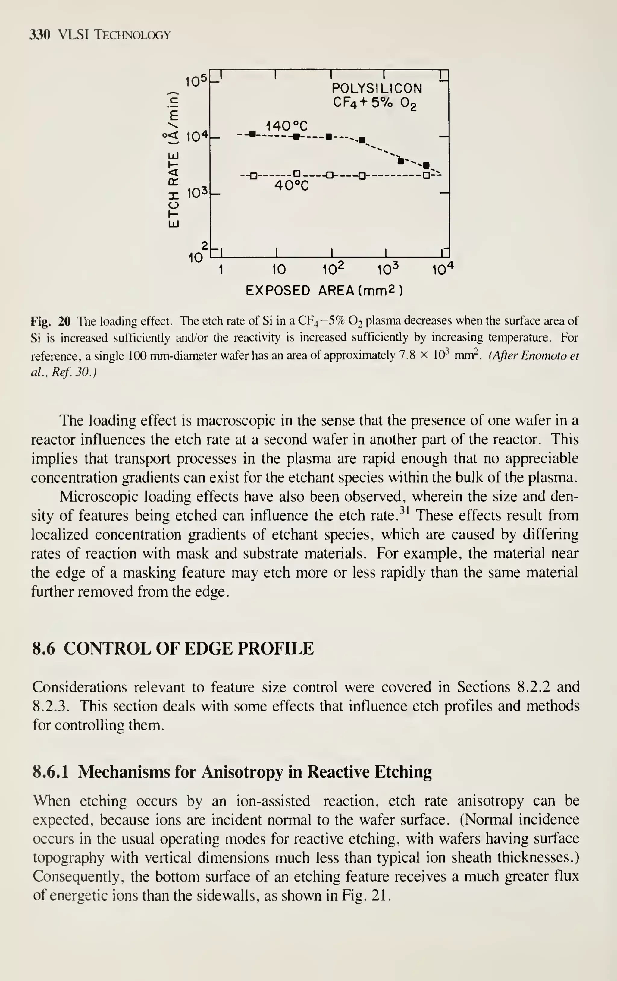 330 VLSI Technology
c
E
(T.
X
o
UJ
10^
_l 1 1 1 1
POLYSILICON
CF4+570 O2
10^ _ . 140°C
-— -B^
103 -
—
o
—
40°C
_^3 Q-i
2
-in
-| 1 1 1 r
1 10 lO'^ 10^ 10^
EXPOSED AREA(mm2)
Fig. 20 The loading effect. The etch rate of Si in a CF4-5% O2 plasma decreases when the surface area of
Si is increased sufficiently and/or the reactivity is increased sufficiently by increasing temperature. For
reference, a single 100 mm-diameter wafer has an area of approximately 7.8 x 10^ mm-. (After Enomoto et
al.,Ref.30.)
The loading effect is macroscopic in the sense that the presence of one wafer in a
reactor influences the etch rate at a second wafer in another part of the reactor. This
implies that transport processes in the plasma are rapid enough that no appreciable
concentration gradients can exist for the etchant species within the bulk of the plasma.
Microscopic loading effects have also been observed, wherein the size and den-
sity of features being etched can influence the etch rate.^' These effects result from
localized concentration gradients of etchant species, which are caused by differing
rates of reaction with mask and substrate materials. For example, the material near
the edge of a masking feature may etch more or less rapidly than the same material
further removed from the edge.
8.6 CONTROL OF EDGE PROFILE
Considerations relevant to feature size control were covered in Sections 8.2.2 and
8.2.3. This section deals with some effects that influence etch profiles and methods
for controlling them.
8.6.1 Mechanisms for Anisotropy in Reactive Etching
When etching occurs by an ion-assisted reaction, etch rate anisotropy can be
expected, because ions are incident normal to the wafer surface. (Normal incidence
occurs in the usual operating modes for reactive etching, with wafers having surface
topography with vertical dimensions much less than typical ion sheath thicknesses.)
Consequently, the bottom surface of an etching feature receives a much greater flux
of energetic ions than the sidewalls, as shown in Fig. 21
.
 