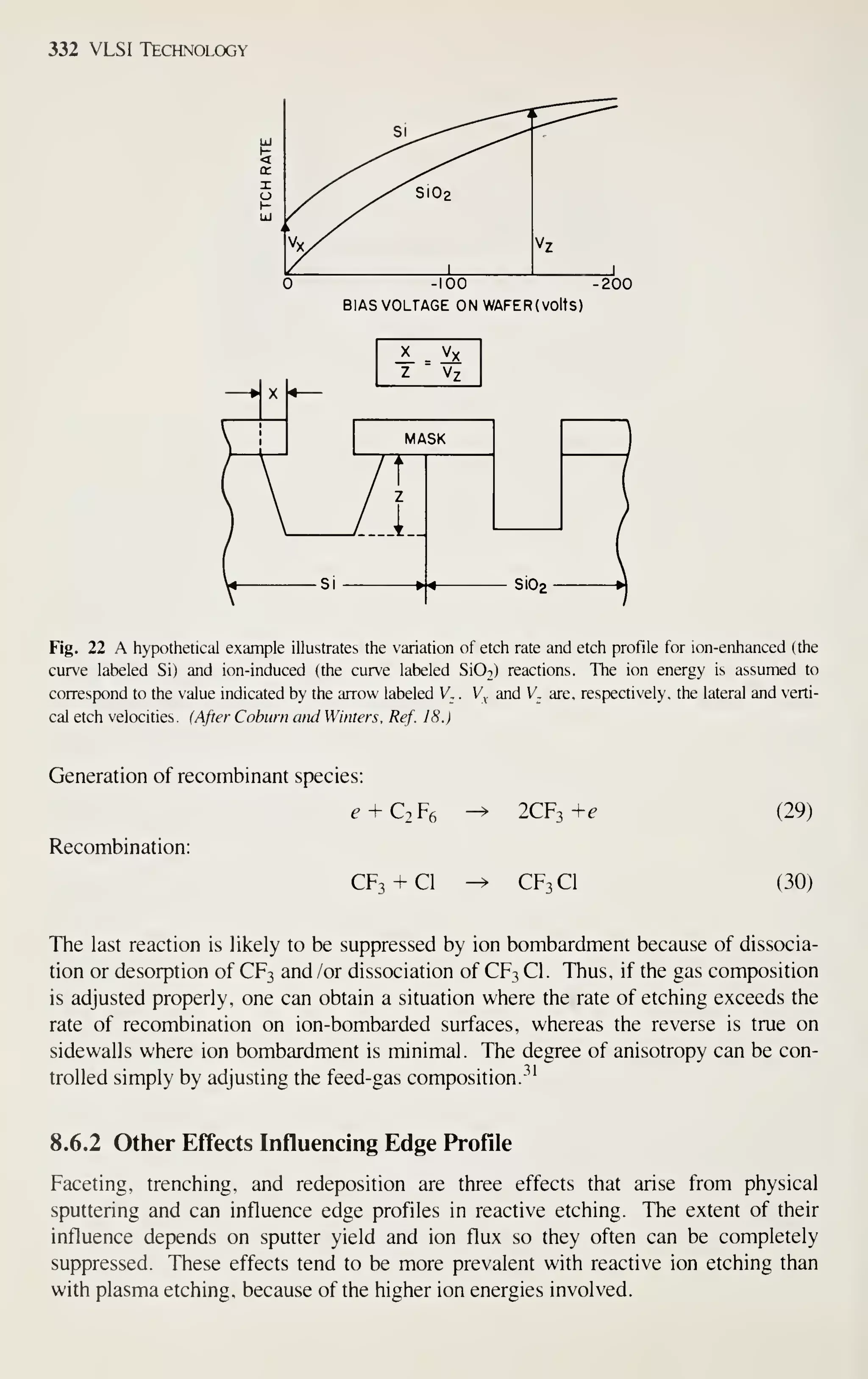 332 VLSI Technology
-100 -200
BIAS VOLTAGE ON WAFER(VOltS)
Fig. 22 A hypothetical example illustrates the variation of etch rate and etch profile for ion-enhanced (the
curve labeled Si) and ion-induced (the curve labeled Si02) reactions. The ion energy is assumed to
correspond to the value indicated by the arrow labeled V. . V^ and V. are, respectively, the lateral and verti-
cal etch velocities. (After Coburn and Winters, Ref. 18.)
Generation of recombinant species:
e + Cj^e -^ 2CF3+e
Recombination:
CF3 + CI -^ CF3CI
(29)
(30)
The last reaction is likely to be suppressed by ion bombardment because of dissocia-
tion or desorption of CF3 and /or dissociation of CF3 CI. Thus, if the gas composition
is adjusted properly, one can obtain a situation where the rate of etching exceeds the
rate of recombination on ion-bombarded surfaces, whereas the reverse is true on
sidewalls where ion bombardment is minimal. The degree of anisotropy can be con-
trolled simply by adjusting the feed-gas composition.-^'
8.6.2 Other Effects Influencing Edge Profile
Faceting, trenching, and redeposition are three effects that arise from physical
sputtering and can influence edge profiles in reactive etching. The extent of their
influence depends on sputter yield and ion flux so they often can be completely
suppressed. These effects tend to be more prevalent with reactive ion etching than
with plasma etching, because of the higher ion energies involved.
 