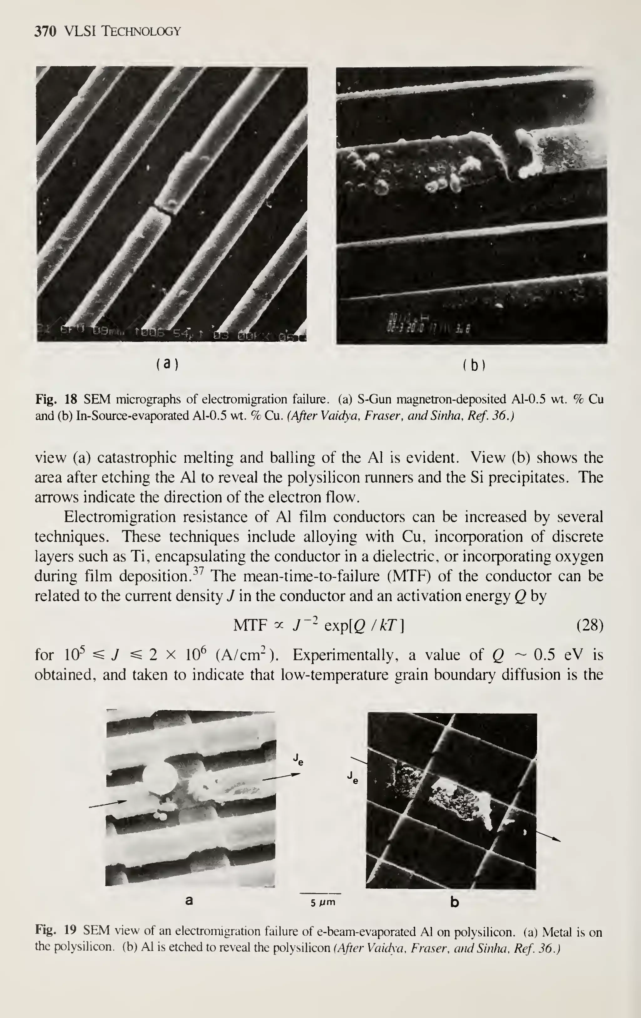 370 VLSI Technology
(3) (b)
Fig. 18 SEM micrographs of electromigration failure, (a) S-Gun magnetron-deposited Al-0.5 wt. % Cu
and (b) In-Source-evaporated Al-0.5 wt. % Cu. (After Vaidya, Fraser, aiidSinha, Ref. 36.)
view (a) catastrophic melting and balling of the Al is evident. View (b) shows the
area after etching the Al to reveal the polysilicon runners and the Si precipitates. The
arrows indicate the direction of the electron flow.
Electromigration resistance of Al film conductors can be increased by several
techniques. These techniques include alloying with Cu, incorporation of discrete
layers such as Ti, encapsulating the conductor in a dielectric, or incorporating oxygen
during film deposition. ^^ The mean-time-to-failure (MTF) of the conductor can be
related to the current density J in the conductor and an activation energy Q by
MTF ^ J'^ Qxp[Q/kT] (28)
for 10-^ ^ y ^ 2 X 10^ (A/cm-). Experimentally, a value of Q -- 0.5 eV is
obtained, and taken to indicate that low-temperature grain boundary diffusion is the
5 Aim
Fig. 19 SEM view of an electromigration failure of e-beam-evaporated Al on polysilicon. (a) Metal is on
the polysilicon. (b) Al is etched to reveal the polysilicon (After Vaidya. Fraser. andSinlm. Ref. 36.)
 