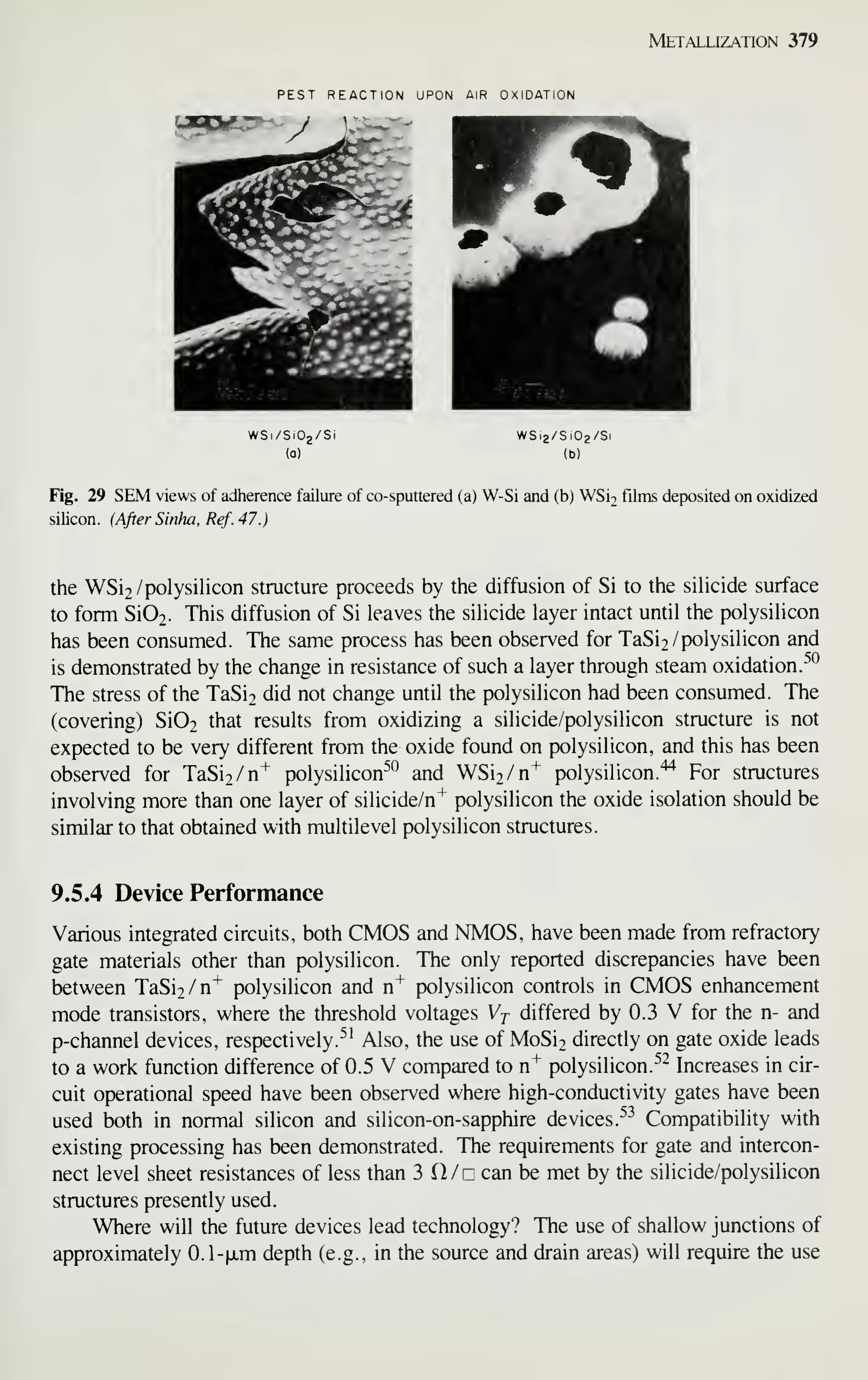 Metallization 379
PEST REACTION UPON AIR OXIDATION
Fig. 29 SEM views of adherence failure of co-sputtered (a) W-Si and (b) WSi2 films deposited on oxidized
silicon. (After Sinha, Ref. 47.)
the WSi2/polysilicon structure proceeds by the diffusion of Si to the silicide surface
to form Si02. This diffusion of Si leaves the sihcide layer intact until the polysilicon
has been consumed. The same process has been observed for TaSi2/ polysilicon and
is demonstrated by the change in resistance of such a layer through steam oxidation.
^°
The stress of the TaSi2 did not change until the polysilicon had been consumed. The
(covering) Si02 that results from oxidizing a silicide/polysilicon structure is not
expected to be very different from the oxide found on polysilicon, and this has been
observed for TaSi2/n"^ polysilicon^^ and WSi2/n"^ polysilicon.'^ For structures
involving more than one layer of silicide/n"*^ polysilicon the oxide isolation should be
similar to that obtained with multilevel polysilicon structures.
9.5.4 Device Performance
Various integrated circuits, both CMOS and NMOS, have been made from refractory
gate materials other than polysilicon. The only reported discrepancies have been
between TaSi2/n'^ polysilicon and n"^ polysilicon controls in CMOS enhancement
mode transistors, where the threshold voltages Vj differed by 0.3 V for the n- and
p-channel devices, respectively.^' Also, the use of MoSi2 directly on gate oxide leads
to a work function difference of 0.5 V compared to n"^ polysilicon.^^ Increases in cir-
cuit operational speed have been observed where high-conductivity gates have been
used both in normal silicon and silicon-on-sapphire devices.^^ Compatibility with
existing processing has been demonstrated. The requirements for gate and intercon-
nect level sheet resistances of less than 3 O / c can be met by the silicide/polysilicon
structures presendy used.
Where will the future devices lead technology? The use of shallow junctions of
approximately 0.1-jxm depth (e.g., in the source and drain areas) will require the use
 
