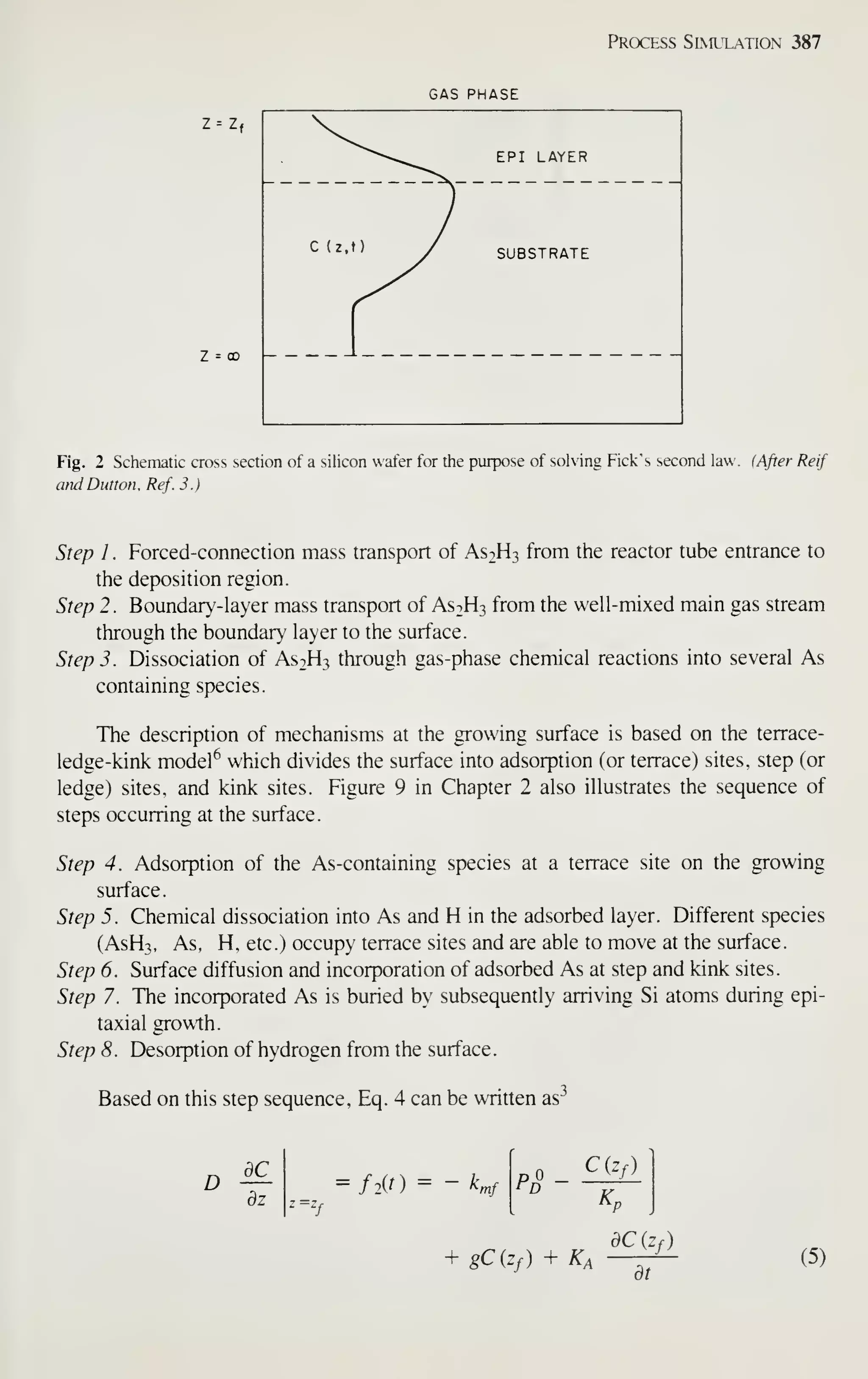 Process Slviulation 387
Z=Zf
Z = CD
GAS PHASE
--
.^ EPI LAYER
C (z. )
/ SUBSTRATE
Fig. 2 Schematic cross section of a silicon wafer for the purpose of solving Pick's second law. {After Reif
atulDutton. Ref.3.)
Step 1 . Forced-connection mass transport of AS2H3 from the reactor tube entrance to
the deposition region.
Step 2. Boundary-layer mass transport of AS2H3 from the well-mixed main gas stream
through the boundar>' layer to the surface.
Step 3. Dissociation of AS2H3 through gas-phase chemical reactions into several As
containing species.
The description of mechanisms at the growing surface is based on the terrace-
ledge-kink model^ which divides the surface into adsorption (or terrace) sites, step (or
ledge) sites, and kink sites. Figure 9 in Chapter 2 also illustrates the sequence of
steps occurring at the surface.
Step 4. Adsorption of the As-containing species at a terrace site on the growing
surface.
Step 5. Chemical dissociation into As and H in the adsorbed layer. Different species
(ASH3, As, H, etc.) occupy terrace sites and are able to move at the surface.
Step 6. Surface diffusion and incorporation of adsorbed As at step and kink sites.
Step 7. The incorporated As is buried by subsequently arriving Si atoms during epi-
taxial growth.
Step 8. Desorption of hydrogen from the surface.
Based on this step sequence. Eq. 4 can be written as^^
D
dC
dz
= flit) = - k^f
pO Cizf)
K,
+ gCizf) + Ka
p
dCjZf)
dt
(5)
 