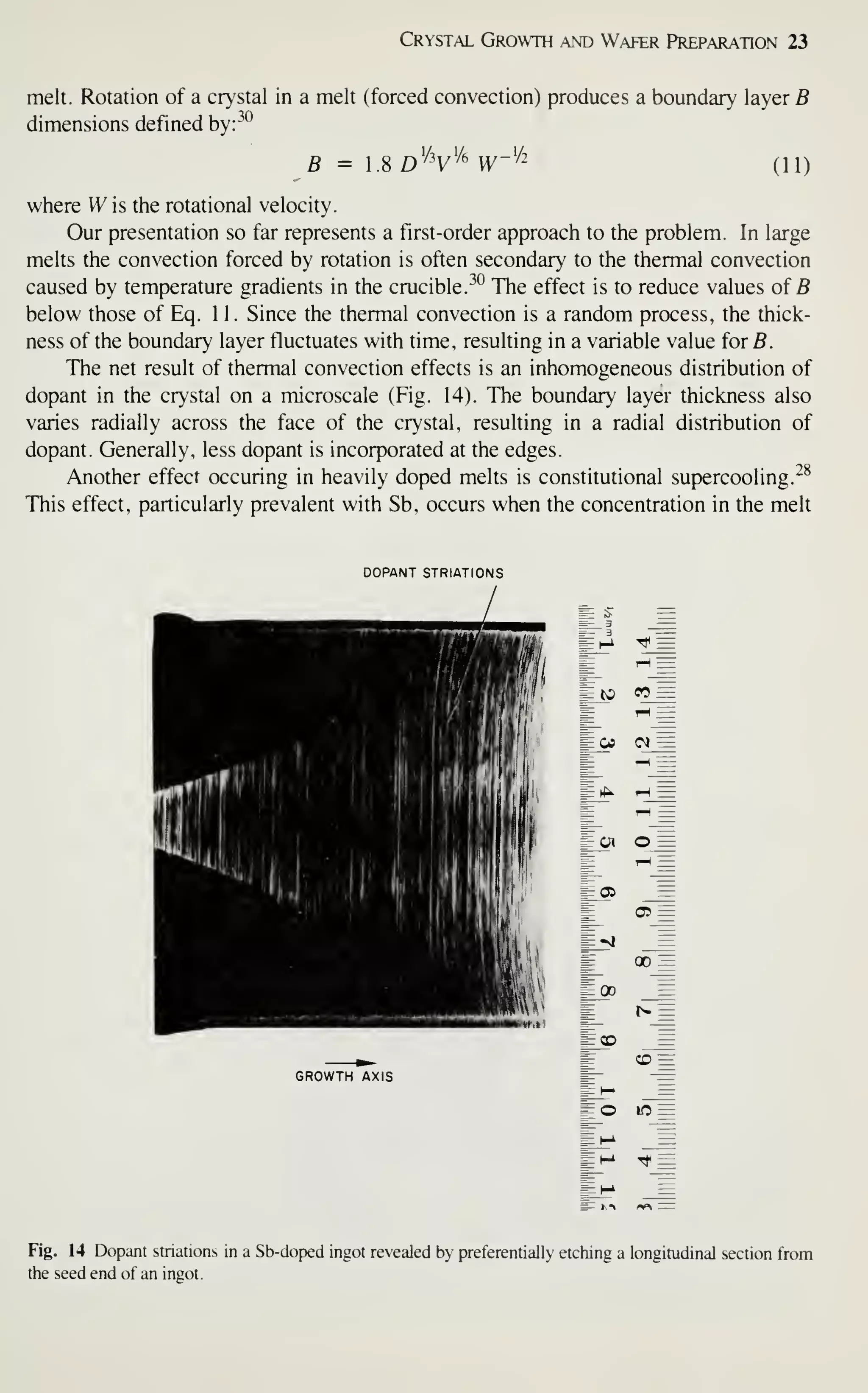 Crystal Growth and Wafer Preparation 23
melt. Rotation of a crystal in a melt (forced convection) produces a boundary layer B
dimensions defined byr^*^
B = 1.8 d'V'/^ Vy-'Z-
(11)
where W is the rotational velocity.
Our presentation so far represents a first-order approach to the problem. In large
melts the convection forced by rotation is often secondary to the thermal convection
caused by temperature gradients in the crucible. ^^ The effect is to reduce values of B
below those of Eq. 11. Since the thermal convection is a random process, the thick-
ness of the boundary layer fluctuates with time, resuhing in a variable value for B.
The net result of thermal convection effects is an inhomogeneous distribution of
dopant in the crystal on a microscale (Fig. 14). The boundary layer thickness also
varies radially across the face of the crystal, resulting in a radial distribution of
dopant. Generally, less dopant is incorporated at the edges.
Another effect occuring in heavily doped melts is constitutional supercooling.^^
This effect, particularly prevalent with Sb, occurs when the concentration in the melt
DOPANT STRIATIONS
p to w_=
Ecc (N =
E 1—(
^
poi o =
E r-t =
pg> =
E ^^
E 00 :^
OD
J^ =
GROWTH AXIS
gO 10 =
Fig. 14 Dopant striations in a Sb-doped ingot revealed by preferentially etching a longiuidinal section from
the seed end of an ingot.
 