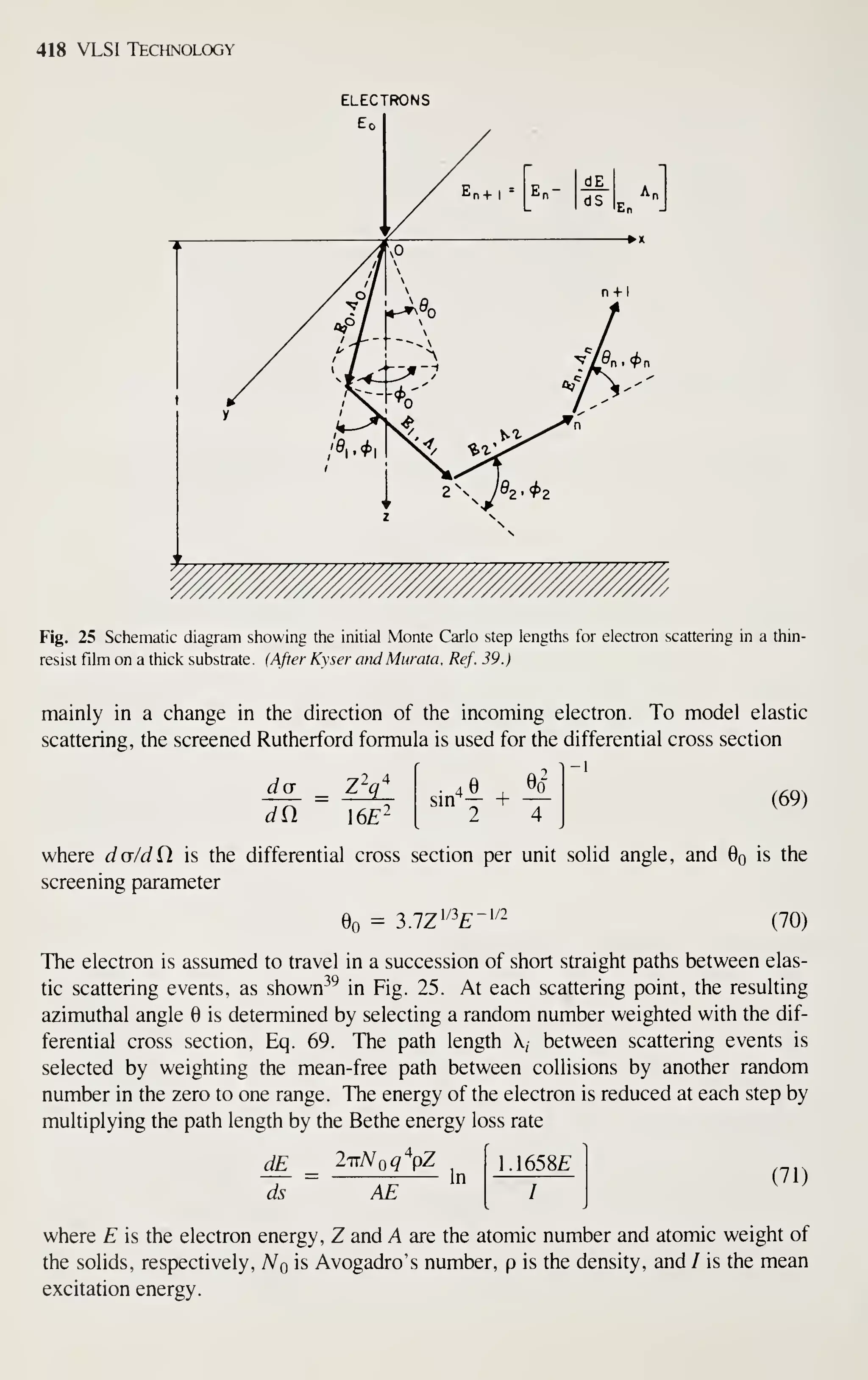 418 VLSI Technology
Fig. 25 Schematic diagram showing the initial Monte Carlo step lengths for electron scattering in a thin-
resist film on a thick substrate. (After Kyser andMwata, Ref. 39.}
mainly in a change in the direction of the incoming electron. To model elastic
scattering, the screened Rutherford formula is used for the differential cross section
-1
dn
'2^4
6E'
sm + (69)
where dcr/dCl is the differential cross section per unit solid angle, and % is the
screening parameter
00 = 3.7Z'/3^-'^' (70)
The electron is assumed to travel in a succession of short straight paths between elas-
tic scattering events, as shown-^^ in Fig. 25. At each scattering point, the resulting
azimuthal angle is determined by selecting a random number weighted with the dif-
ferential cross section, Eq. 69. The path length , between scattering events is
selected by weighting the mean-free path between collisions by another random
number in the zero to one range. The energy of the electron is reduced at each step by
multiplying the path length by the Bethe energy loss rate
dE
ds AE
In
1.1658£
/
(71)
where E is the electron energy, Z and A are the atomic number and atomic weight of
the solids, respectively, A^o is Avogadro's number, p is the density, and / is the mean
excitation energy.
 