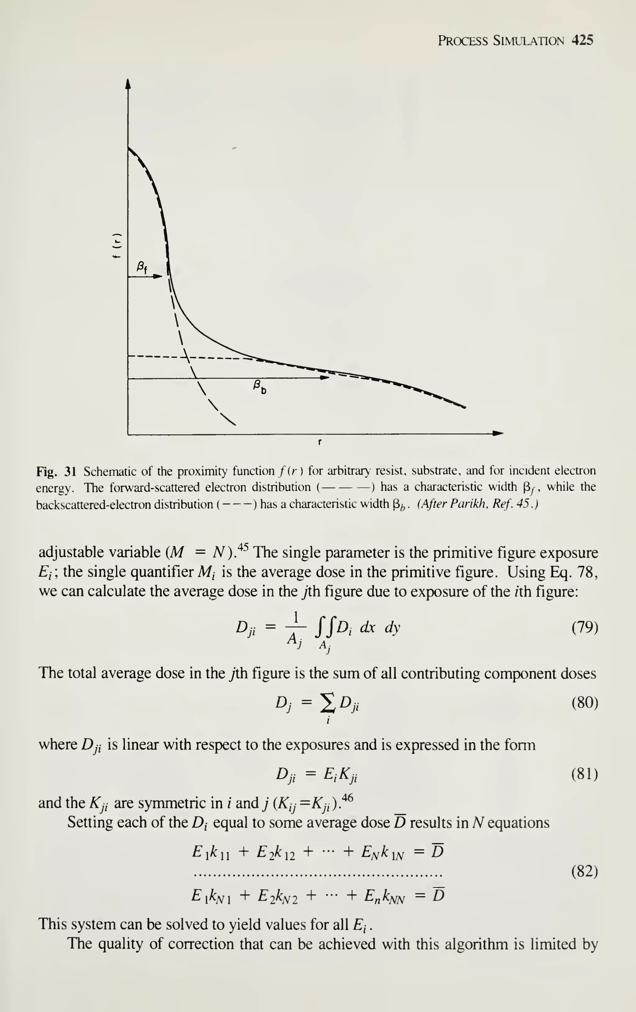 Process Simulation 425
Fig. 31 Schematic of the proximity function fir ) for arbitrary resist, substrate, and for incident electron
energy. The forward-scattered electron distribution ( ) has a characteristic width Py , while the
backscattered-electron distribution (
) has a characteristic width p^, . (After Parikh. Ref. 45.)
adjustable variable (M = A^)."^^ The single parameter is the primitive figure exposure
£,; the single quantifier M, is the average dose in the primitive figure. Using Eq. 78,
we can calculate the average dose in the jth figure due to exposure of the ith figure:
1
^J A,
(79)
The total average dose in the jth figure is the sum of all contributing component doses
D, = 2^; (80)
where Dp is linear with respect to the exposures and is expressed in the form
Dji = EiKji
and the Kji are symmetric in / and j {Kij =Kji).^
Setting each of the D, equal to some average dose D results in A^ equations
£"1^:11 + £2^12 + + En^in ~ D
E]kj] + EikMj + •••
+ E„kMM — D
li^Nl ni^NN
(81)
(82)
This system can be solved to yield values for all Ej
.
The quality of correction that can be achieved with this algorithm is limited by
 