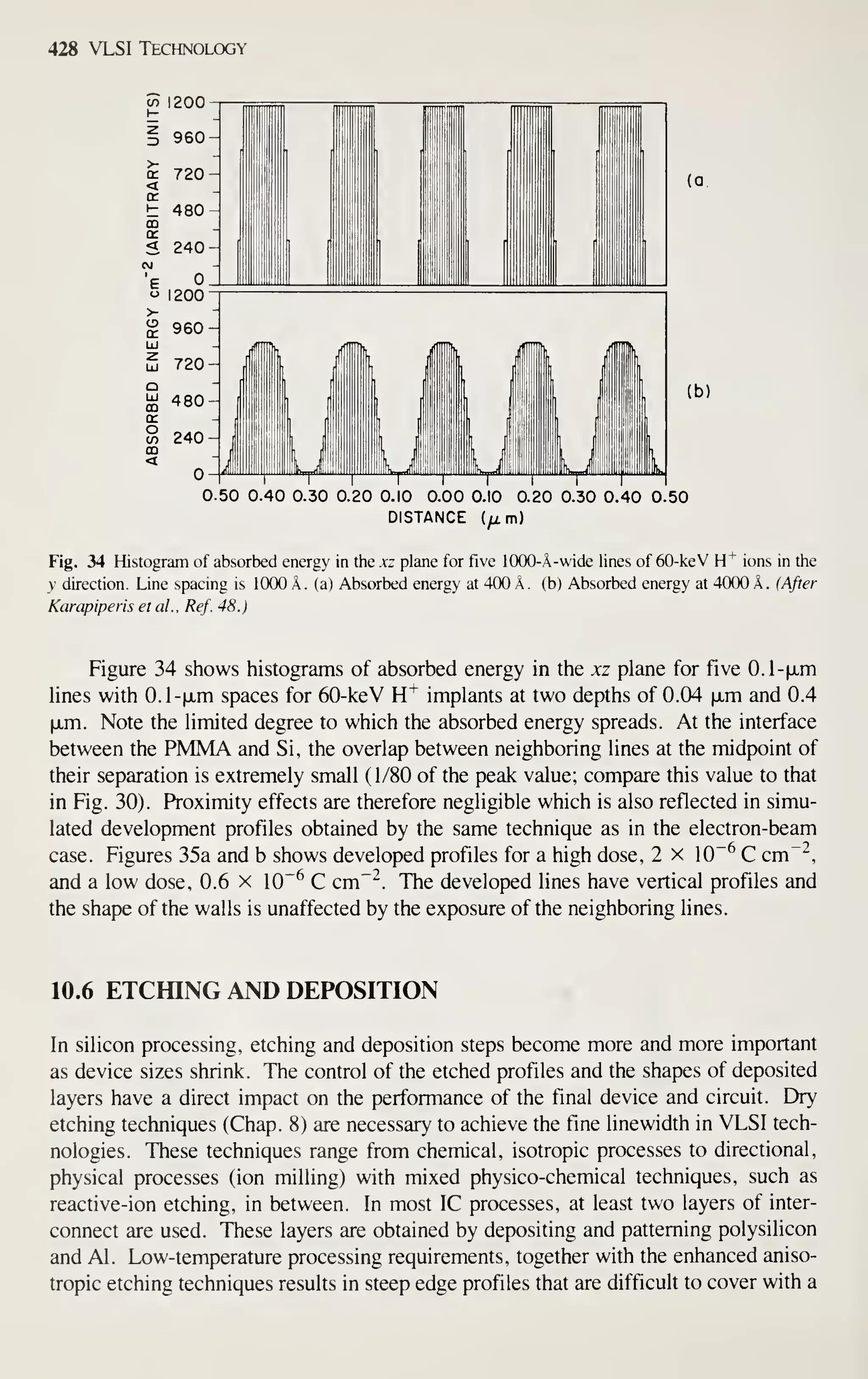 428 VLSI Technology
en 1200
(a:
(b)
0.50 0.40 0.30 0.20 0.10 0.00 0.10 0.20 0.30 0.40 0.50
DISTANCE (fim)
Fig. 34 Histogram of absorbed energy in the xz plane for five 1000-A-wide lines of 60-keV H"*^ ions in the
y direction. Line spacing is 1000 A . (a) Absorbed energy at 400 A . (b) Absorbed energy at 4000 A . (After
Karapiperis etal., Ref. 48.)
Figure 34 shows histograms of absorbed energy in the xz plane for five 0.1-|JLm
lines with 0.1 -|xm spaces for 60-keV H^ implants at two depths of 0.04 |jLm and 0.4
|jLm. Note the limited degree to which the absorbed energy spreads. At the interface
between the PMMA and Si, the overlap between neighboring lines at the midpoint of
their separation is extremely small (1/80 of the peak value; compare this value to that
in Fig. 30). Proximity effects are therefore negligible which is also reflected in simu-
lated development profiles obtained by the same technique as in the electron-beam
case. Figures 35a and b shows developed profiles for a high dose, 2 x 10"^ C cm~^,
and a low dose, 0.6 x 10"^ C cm~^. The developed lines have vertical profiles and
the shape of the walls is unaffected by the exposure of the neighboring lines.
10.6 ETCfflNG AND DEPOSITION
In silicon processing, etching and deposition steps become more and more important
as device sizes shrink. The control of the etched profiles and the shapes of deposited
layers have a direct impact on the performance of the final device and circuit. Dry
etching techniques (Chap. 8) are necessary to achieve the fine linewidth in VLSI tech-
nologies. These techniques range from chemical, isotropic processes to directional,
physical processes (ion milling) with mixed physico-chemical techniques, such as
reactive-ion etching, in between. In most IC processes, at least two layers of inter-
connect are used. These layers are obtained by depositing and patterning polysilicon
and Al. Low-temperature processing requirements, together with the enhanced aniso-
tropic etching techniques results in steep edge profiles that are difficult to cover with a
 