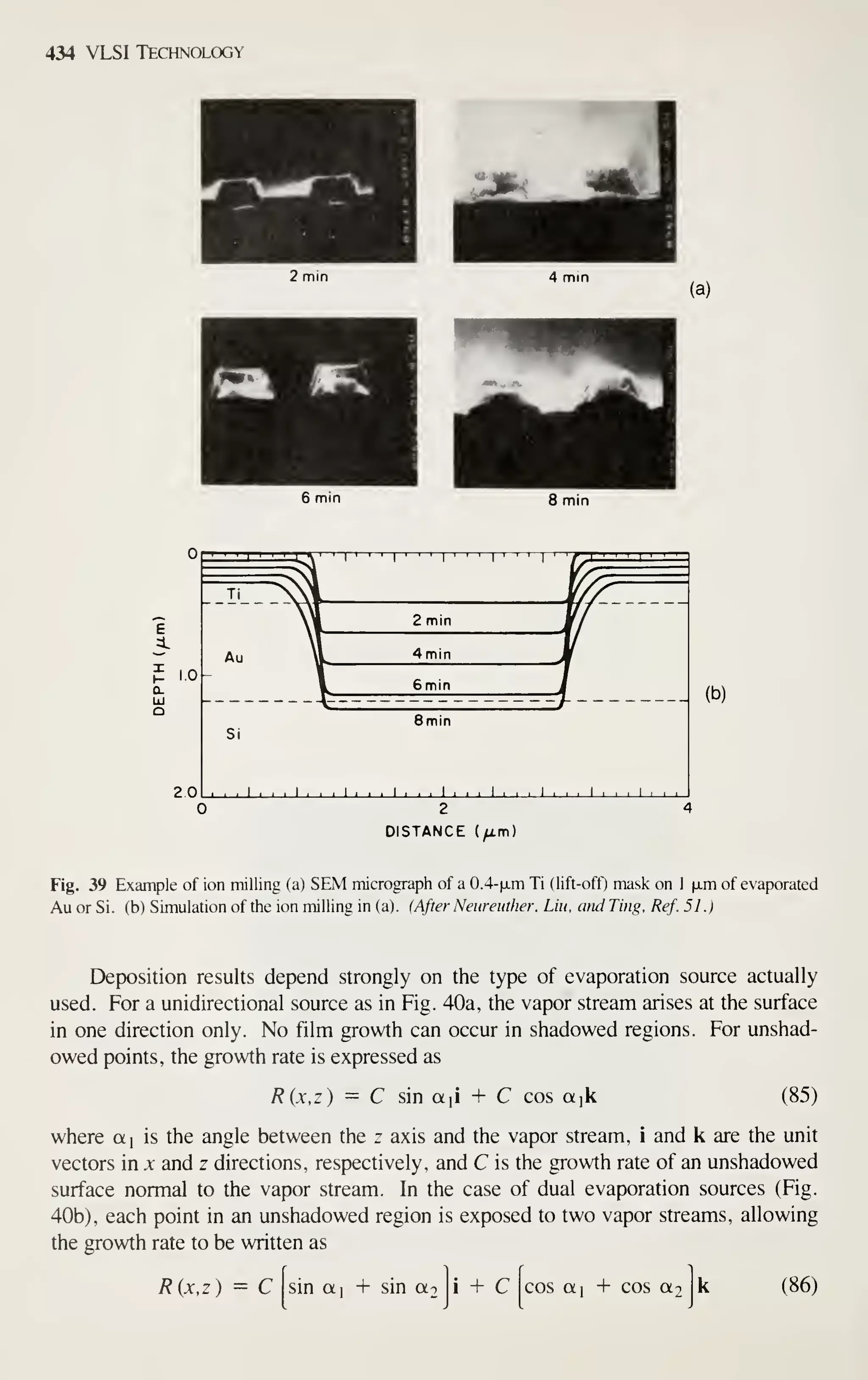 434 VLSI Technology
2 min
m ^^
6 min
4 min
(a)
8 min
?nl . . . I . , , I I ... I ... I I , I . , . I , , .
(b)
DISTANCE (^m)
Fig. 39 Example of ion milling (a) SEM micrograph of a 0.4-|xm Ti (lift-off) mask on 1 |jLm of evaporated
Au or Si. (b) Simulation of the ion niilling in (a). (After Neureuther. Liu, and Ting. Ref. 51 .
)
Deposition results depend strongly on the type of evaporation source actually
used. For a unidirectional source as in Fig. 40a, the vapor stream arises at the surface
in one direction only. No film growth can occur in shadowed regions. For unshad-
owed points, the growth rate is expressed as
R{x,z) = C sin ttji + C cos aik (85)
where ai is the angle between the z axis and the vapor stream, i and k are the unit
vectors in x and z directions, respectively, and C is the growth rate of an unshadowed
surface normal to the vapor stream. In the case of dual evaporation sources (Fig.
40b), each point in an unshadowed region is exposed to two vapor streams, allowing
the growth rate to be written as
/?(jc,z) = C sin ai + sin a2 i + C cos ai + cos a (86)
 