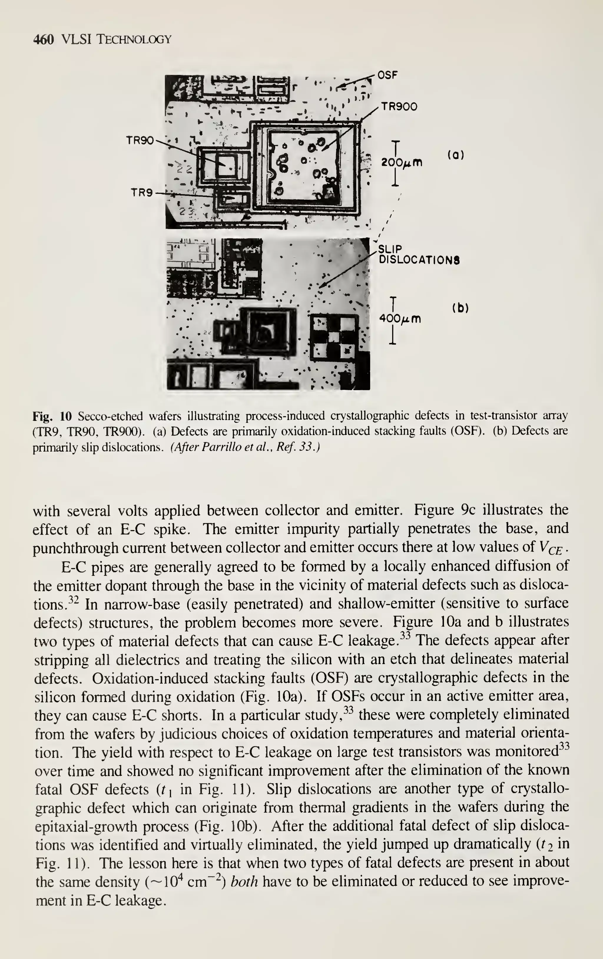 460 VLSI Technology
OSF
TR90
TR9
(a)
SLIP
DISLOCATIONS
(b)
Fig. 10 Secco-etched wafers illustrating process-induced crystallographic defects in test-transistor array
(TR9, TR90, TR9(X)). (a) Defects are primarily oxidation-induced stacking faults (OSF). (b) Defects are
primarily slip dislocations. (After Parrillo et al., Ref. 33.)
with several volts applied between collector and emitter. Figure 9c illustrates the
effect of an E-C spike. The emitter impurity partially penetrates the base, and
punchthrough current between collector and emitter occurs there at low values of Vce
E-C pipes are generally agreed to be formed by a locally enhanced diffusion of
the emitter dopant through the base in the vicinity of material defects such as disloca-
tions.^^ In narrow-base (easily penetrated) and shallow-emitter (sensitive to surface
defects) structures, the problem becomes more severe. Figure 10a and b illustrates
two types of material defects that can cause E-C leakage.-'^ The defects appear after
stripping all dielectrics and treating the silicon with an etch that delineates material
defects. Oxidation-induced stacking faults (OSF) are crystallographic defects in the
silicon formed during oxidation (Fig. 10a). If OSFs occur in an active emitter area,
they can cause E-C shorts. In a particular study, ^-^
these were completely eliminated
from the wafers by judicious choices of oxidation temperatures and material orienta-
tion. The yield with respect to E-C leakage on large test transistors was monitored-^^
over time and showed no significant improvement after the elimination of the known
fatal OSF defects (^i in Fig. 11). Slip dislocations are another type of crystallo-
graphic defect which can originate from thermal gradients in the wafers during the
epitaxial-growth process (Fig. 10b). After the additional fatal defect of slip disloca-
tions was identified and virtually eliminated, the yield jumped up dramatically (tj in
Fig. 11). The lesson here is that when two types of fatal defects are present in about
the same density (—10"^ cm~^) both have to be eliminated or reduced to see improve-
ment in E-C leakage.
 