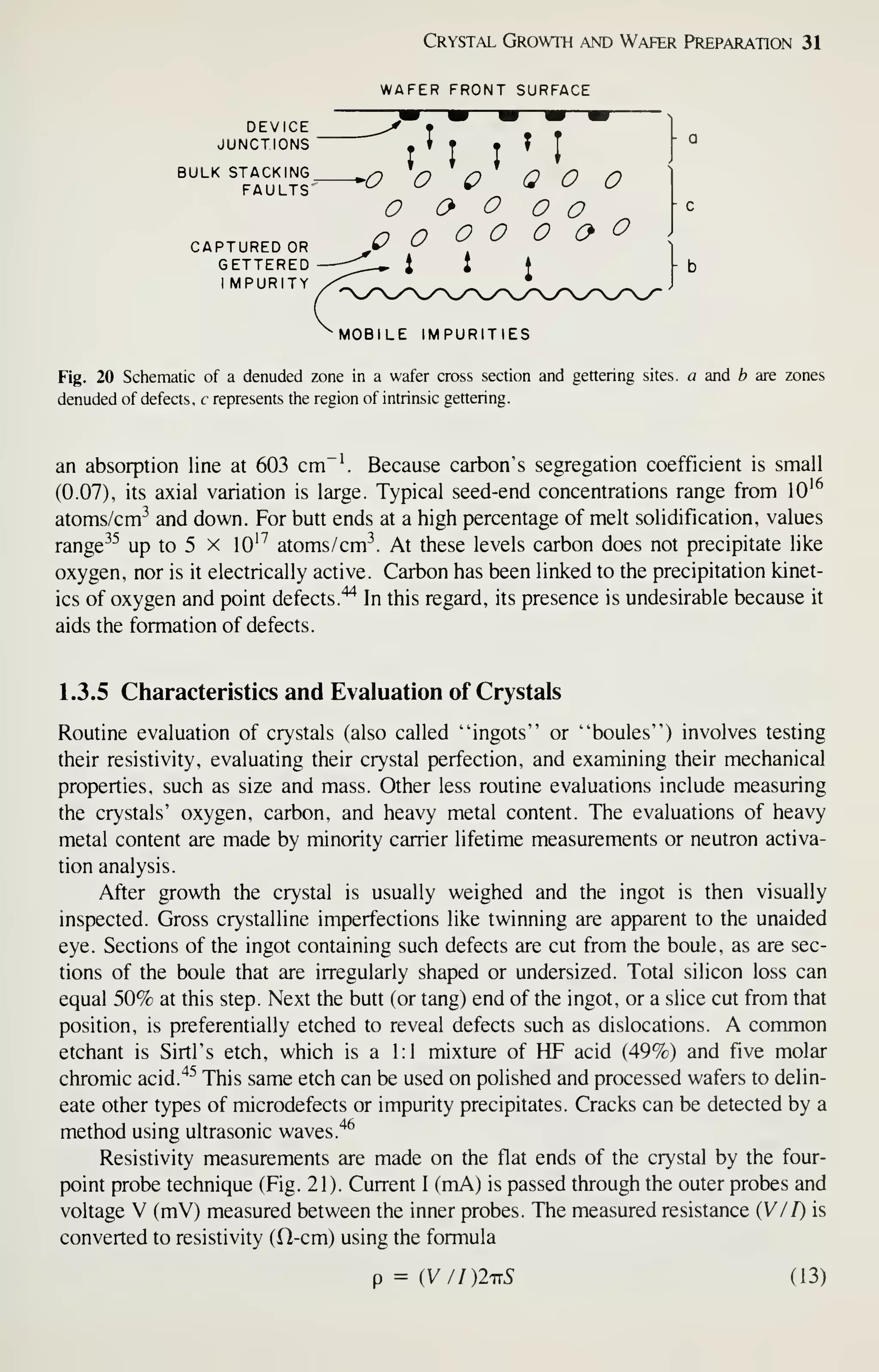 DEVICE
JUNCTIONS
Crystal Growth and Wafer Preparation 31
wafer front surface
y
iM I'J
BULK stacking ^q ^q O Q O O
FAULTS ty c/ fc/ (*- L/ c/
CAPTURED OR
GETTERED
I MPURITY
o o o o o h
Q o o o o o o
^ ^ t
MOBILE IMPURITIES
Fig. 20 Schematic of a denuded zone in a wafer cross section and gettering sites, a and h are zones
denuded of defects, c represents the region of intrinsic gettering.
an absorption line at 603 cm"'. Because carbon's segregation coefficient is small
(0.07), its axial variation is large. Typical seed-end concentrations range from lO'^
atoms/cm^ and down. For butt ends at a high percentage of melt solidification, values
range-'^ up to 5 x lO'^ atoms/cm-^. At these levels carbon does not precipitate like
oxygen, nor is it electrically active. Carbon has been linked to the precipitation kinet-
ics of oxygen and point defects.''^ In this regard, its presence is undesirable because it
aids the formation of defects.
1.3.5 Characteristics and Evaluation of Crystals
Routine evaluation of crystals (also called "ingots" or "boules") involves testing
their resistivity, evaluating their crystal perfection, and examining their mechanical
properties, such as size and mass. Other less routine evaluations include measuring
the crystals' oxygen, carbon, and heavy metal content. The evaluations of heavy
metal content are made by minority carrier lifetime measurements or neutron activa-
tion analysis.
After growth the crystal is usually weighed and the ingot is then visually
inspected. Gross crystalline imperfections like twinning are apparent to the unaided
eye. Sections of the ingot containing such defects are cut from the boule, as are sec-
tions of the boule that are irregularly shaped or undersized. Total silicon loss can
equal 50% at this step. Next the butt (or tang) end of the ingot, or a slice cut from that
position, is preferentially etched to reveal defects such as dislocations. A common
etchant is Sirtl's etch, which is a 1:1 mixture of HF acid (49%) and five molar
chromic acid."*^ This same etch can be used on polished and processed wafers to delin-
eate other types of microdefects or impurity precipitates. Cracks can be detected by a
method using ultrasonic waves.
"^^
Resistivity measurements are made on the flat ends of the crystal by the four-
point probe technique (Fig. 21). Current I (mA) is passed through the outer probes and
voltage V (mV) measured between the inner probes. The measured resistance {V 11) is
converted to resistivity (H-cm) using the formula
p = (V//)27t5 (13)
 