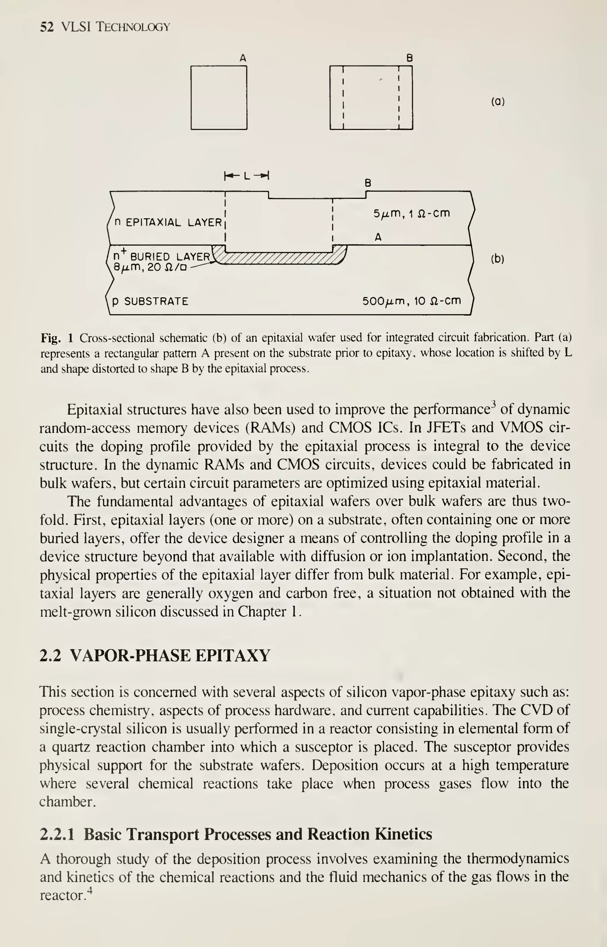 52 VLSI Technology
(a)
n EPITAXIAL LAYER
'n"^ BURIED -(^^^^^^
077777///////////^
,8unn, 20 n/D ---'^^'"^^^^^^^^^^^^^^^ ^
S/iPn, 1 n-cm
A
(b)
P SUBSTRATE 500/xm, 10 il-cm
Fig. 1 Cross-sectional schematic (b) of an epitaxial wafer used for integrated circuit fabrication. Part (a)
represents a rectangular pattern A present on the substrate prior to epitaxy, whose location is shifted by L
and shape distorted to shape B by the epitaxial process.
Epitaxial structures have also been used to improve the performance^ of dynamic
random-access memory devices (RAMs) and CMOS ICs. In JFETs and VMOS cir-
cuits the doping profile provided by the epitaxial process is integral to the device
structure. In the dynamic RAMs and CMOS circuits, devices could be fabricated in
bulk wafers, but certain circuit parameters are optimized using epitaxial material.
The fundamental advantages of epitaxial wafers over bulk wafers are thus two-
fold. First, epitaxial layers (one or more) on a substrate, often containing one or more
buried layers, offer the device designer a means of controlling the doping profile in a
device structure beyond that available with diffusion or ion implantation. Second, the
physical properties of the epitaxial layer differ from bulk material. For example, epi-
taxial layers are generally oxygen and carbon free, a situation not obtained with the
melt-grown silicon discussed in Chapter 1
.
2.2 VAPOR-PHASE EPITAXY
This section is concerned with several aspects of silicon vapor-phase epitaxy such as:
process chemistry, aspects of process hardware, and current capabilities. The CVD of
single-crystal silicon is usually performed in a reactor consisting in elemental form of
a quartz reaction chamber into which a susceptor is placed. The susceptor provides
physical support for the substrate wafers. Deposition occurs at a high temperature
where several chemical reactions take place when process gases flow into the
chamber.
2.2.1 Basic Transport Processes and Reaction Kinetics
A thorough study of the deposition process involves examining the thermodynamics
and kinetics of the chemical reactions and the fluid mechanics of the gas flows in the
reactor."^
 