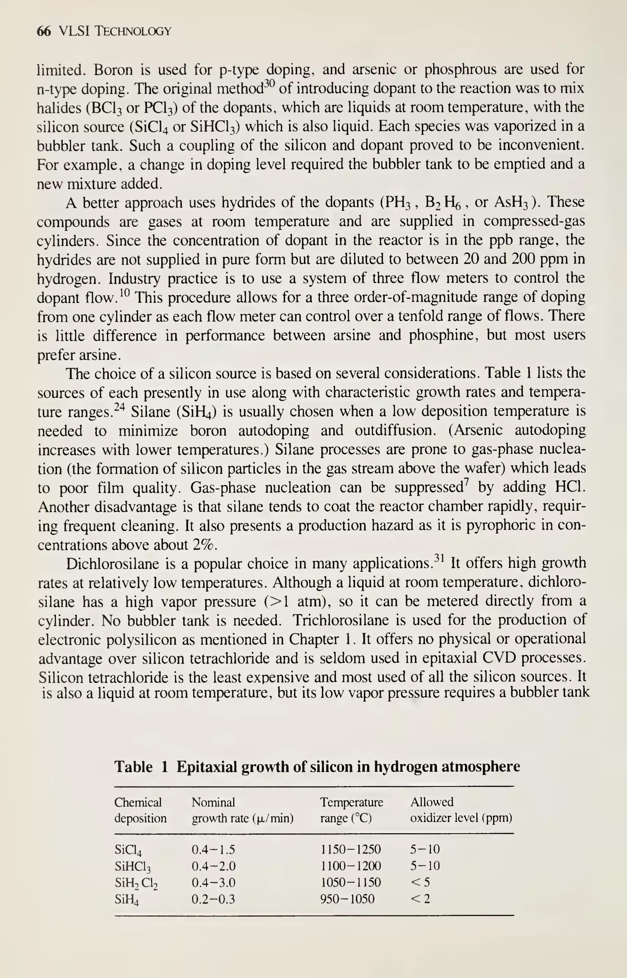 66 VLSI Technology
limited. Boron is used for p-type doping, and arsenic or phosphrous are used for
n-type doping. The original method-'^ of introducing dopant to the reaction was to mix
halides (BCI3 or PCI3) of the dopants, which are liquids at room temperature, with the
silicon source (SiCU or SiHCl3) which is also liquid. Each species was vaporized in a
bubbler tank. Such a coupling of the silicon and dopant proved to be inconvenient.
For example, a change in doping level required the bubbler tank to be emptied and a
new mixture added.
A better approach uses hydrides of the dopants (PH3 , B2 H6 , or ASH3 ). These
compounds are gases at room temperature and are supplied in compressed-gas
cylinders. Since the concentration of dopant in the reactor is in the ppb range, the
hydrides are not supplied in pure form but are diluted to between 20 and 200 ppm in
hydrogen. Industry practice is to use a system of three flow meters to control the
dopant flow.'^ This procedure allows for a three order-of-magnitude range of doping
from one cylinder as each flow meter can control over a tenfold range of flows. There
is little difference in performance between arsine and phosphine, but most users
prefer arsine.
The choice of a silicon source is based on several considerations. Table 1 lists the
sources of each presently in use along with characteristic growth rates and tempera-
ture ranges.
^'^
Silane (SiH^) is usually chosen when a low deposition temperature is
needed to minimize boron autodoping and outdiffusion. (Arsenic autodoping
increases with lower temperatures.) Silane processes are prone to gas-phase nuclea-
tion (the formation of silicon particles in the gas stream above the wafer) which leads
to poor film quality. Gas-phase nucleation can be suppressed^ by adding HCl.
Another disadvantage is that silane tends to coat the reactor chamber rapidly, requir-
ing frequent cleaning. It also presents a production hazard as it is pyrophoric in con-
centrations above about 2%.
Dichlorosilane is a popular choice in many applications.-^' It offers high growth
rates at relatively low temperatures. Although a liquid at room temperature, dichloro-
silane has a high vapor pressure (>1 atm), so it can be metered directly from a
cylinder. No bubbler tank is needed. Trichlorosilane is used for the production of
electronic polysilicon as mentioned in Chapter 1 . It offers no physical or operational
advantage over silicon tetrachloride and is seldom used in epitaxial CVD processes.
Silicon tetrachloride is the least expensive and most used of all the silicon sources. It
is also a liquid at room temperature, but its low vapor pressure requires a bubbler tank
Table 1 Epitaxial growth of silicon in hydrogen atmosphere
Chemical Nominal Temperature Allowed
deposition growth rate (fx/min) range (°C) oxidizer level (ppm)
SiCl4 0.4-1.5 1150-1250 5-10
SiHClj 0.4-2.0 1100-1200 5-10
SiHjClj 0.4-3.0 1050-1150 <5
SiH4 0.2-0.3 950-1050 <2
 