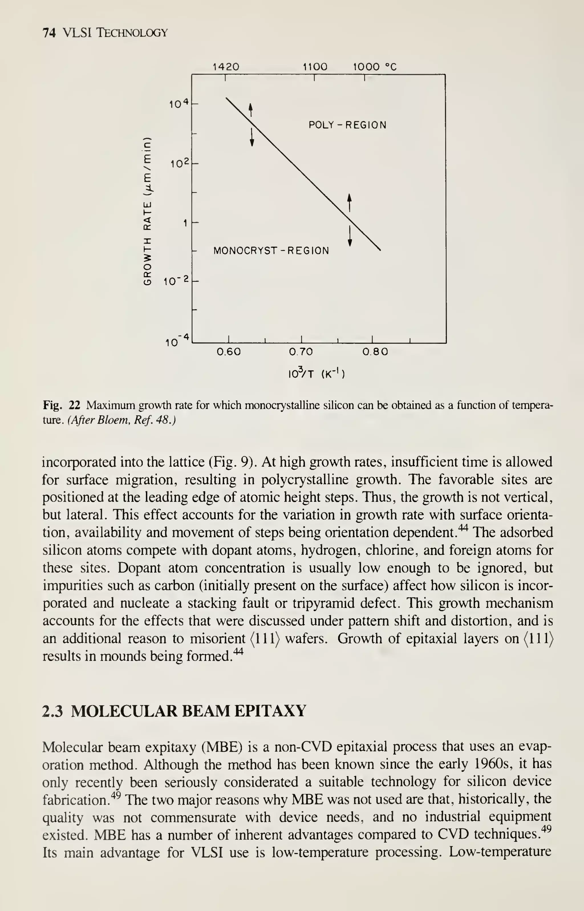 74 VLSI Technology
10*
1420 1100 1000 °c
1
-

1 1
POLY -REGION
c
~
V
E 102 - 
E ^^
i Nv
1-
^t
< A ^^
01
X
1
'
>.
O
- MONOCRYST -REGION ^
10-2
1 1 1 1 1
060 70
^3
80
10VT (K-' )
Fig. 22 Maximum growth rate for which monocrystalline siUcon can be obtained as a function of tempera-
ture. (After Bloem, Ref. 48.)
incorporated into the lattice (Fig. 9). At high growth rates, insufficient time is allowed
for surface migration, resulting in polycrystall ine growth. The favorable sites are
positioned at the leading edge of atomic height steps. Thus, the growth is not vertical,
but lateral. This effect accounts for the variation in growth rate with surface orienta-
tion, availability and movement of steps being orientation dependent.''^
The adsorbed
silicon atoms compete with dopant atoms, hydrogen, chlorine, and foreign atoms for
these sites. Dopant atom concentration is usually low enough to be ignored, but
impurities such as carbon (initially present on the surface) affect how silicon is incor-
porated and nucleate a stacking fault or tripyramid defect. This growth mechanism
accounts for the effects that were discussed under pattern shift and distortion, and is
an additional reason to misorient (111) wafers. Growth of epitaxial layers on (111)
results in mounds being formed.'^
2.3 MOLECULAR BEAM EPITAXY
Molecular beam expitaxy (MBE) is a non-CVD epitaxial process that uses an evap-
oration method. Although the method has been known since the early 1960s, it has
only recendy been seriously considerated a suitable technology for silicon device
fabrication."*^ The two major reasons why MBE was not used are that, historically, the
quality was not commensurate with device needs, and no industrial equipment
existed. MBE has a number of inherent advantages compared to CVD techniques.'*^
Its main advantage for VLSI use is low-temperature processing. Low-temperature
 