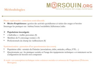 Phase exploratoire : entretiens semi-directifs Récits d’expériences :  gestion des activités quotidiennes et saisies des usages et besoins  Interroger les pratiques sur : habitat/loisirs/sociabilités/déficiences/aides  Populations investiguée « Individus » : vieilles personnes (8) Membres de l’« entourage soutien » (5)  Professionnels du champ du vieillissement (8) Systématisation : passation d’un questionnaire (en cours) Population cible : retraités du Finistère (associations, clubs, amicales, offices, UTL…) Questionnaire sur : les pratiques sociales et l’usage des équipements techniques » et traitement sur les configuration de besoins non compensés A venir : co-conception technique entre sciences sociales et sciences de l’ingénieur (Telecom Bretagne) Méthodologies 