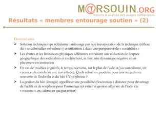 Résultats « membres entourage soutien » (2) Descendance  Solution technique type téléalarme : mésusage par non incorporation de la technique (réflexe du « se débrouiller soi-même ») et utilisation à dans une perspective de « sociabilités » Les chutes et les limitations physiques afférentes entraînent une réduction de l’espace géographique des sociabilités et enclenchent, in fine, une dynamique négative et un placement en institution En cas de troubles cognitifs, le temps nocturne, sur le plan de l’aide et/ou surveillance, est vacant et demanderait une surveillance. Quels solutions produire pour une surveillance nocturne de l’individu et du bâti ? Visiophonie ? La gestion du bâti (énergie) appellerait une possibilité d’exécution à distance pour davantage de facilité et de souplesse pour l’entourage (et éviter sa gestion aléatoire de l’individu « soutenu ». ex : alerte au gaz par erreur) 
