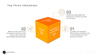 01Innovation can emerge at
different layers of banking, and
is more disruptive the more
elements it touches.
02Mobile is at the center of our
lives today but with many other
devices, form factors and
technologies following quickly.
03Delivering a great digital user
experience is central to success
for innovators.
