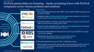 19McKinsey & Company
FinTech partnerships are booming – banks are joining forces with FinTech
companies across various products and solutions
SOURCE: Company website, press search, McKinsey
FINTECH PARTNERSHIPS
Description
▪ ING and Kabbage partnered to serve SMEs in Spain allowing SMEs access to loans
up to EUR 100,000
▪ Kabbage provides an fully automated loan application mechanism, real time risk
monitoring and machine learning techniques
▪ Partnership between RBS and Taulia aims to close the gap for RBS for its supply
chain finance offerings
▪ Taulia brings in its paperless dynamic discounting software
“e-Invoicing” offering early payment against a discount
▪ Partnership between Barclays and Wave, a Blockchain startup
▪ Wave through its peer-to-peer network seeks to take the place of traditional Bills of
Loading (BoL) by creating a safer, faster and more advanced BoL, built on the
Blockchain technology
▪ Partnership between J.P. Morgan and OnDeck intends to increase market share of
JPM in small business banking (~8% in 2015)
▪ OnDeck provides white-label platform with an entirely digital process with almost
real-time approval and funding within 24 hours
FinTech
partnerships
in corporate
banking
Partnership
 