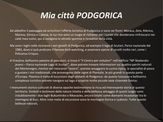 Mia città PODGORICA Ad abbellire il paesaggio ed arricchire l’offerta turistica di Podgorica ci sono sei fiumi: Moraca, Zeta, Ribnica, Mareza, Sitnica e Cijevna, le cui rive sono un luogo di richiamo per i turisti che desiderano rinfrescarsi nei caldi mesi estivi, qui si svolgono le attività sportive e ricreative della città. Ma sono i laghi nelle vicinanze i veri gioielli di Podgorica, ad esempio il lago di Scutari, Parco nazionale dal 1983, dove si può praticare il famoso bird-watching, e osservare specie di uccelli molto rari, come i Pelicanus Crispus. A Vranjina, bellissimo paesino di pescatori, si trova il “Il Centro per visitatori” nell’edificio “NP Skadarsko jezero – Parco nazionale Lago di Scutari”, dove potrete trovare informazioni sui quattro parchi naturali del Montenegro, mentre nel ristorante “Jezero”, potrete assaggiare la cucina tipica, le specialità di pesce e gustare i vini tradizionali, che provengono dalle vigne di Plantaže, le più grandi in questa parte d’Europa. Plavnica è meta di escursioni degli abitanti di Podgorica: da questo lussuoso e bellissimo complesso turistico potrete navigare sul lago e scoprire molte piccole isole chiamate Gorice.  I monumenti storico-culturali di diverse epoche testimoniano la ricca ed interessante storia di questo territorio. Simboli e testimoni della natura intatta e della bellezza selvaggia di questi luoghi sono indubbiamente i due laghi Bukumirsko e Rikavacko, ancora intatti come diamanti incastonati tra le montagne di Kuci. Altre note mete di escursione sono le montagne Gorica e Ljubovic. Tutte queste bellezze naturali,  