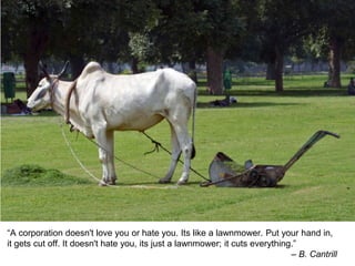 “A corporation doesn't love you or hate you. Its like a lawnmower. Put your hand in, 
it gets cut off. It doesn't hate you, its just a lawnmower; it cuts everything.” 
– B. Cantrill 
 