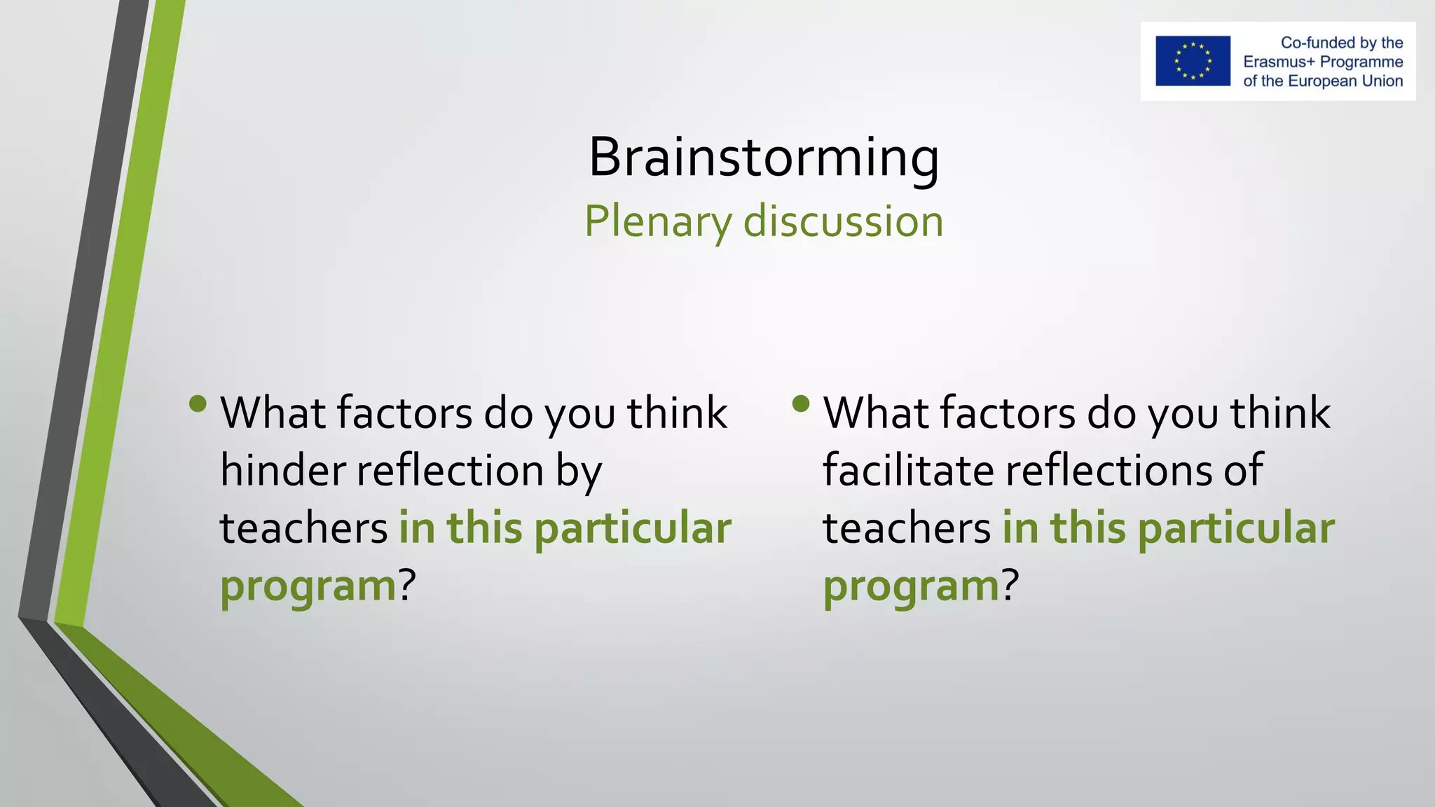 Brainstorming
Plenary discussion
•What factors do you think
hinder reflection by
teachers in this particular
program?
•What factors do you think
facilitate reflections of
teachers in this particular
program?
 