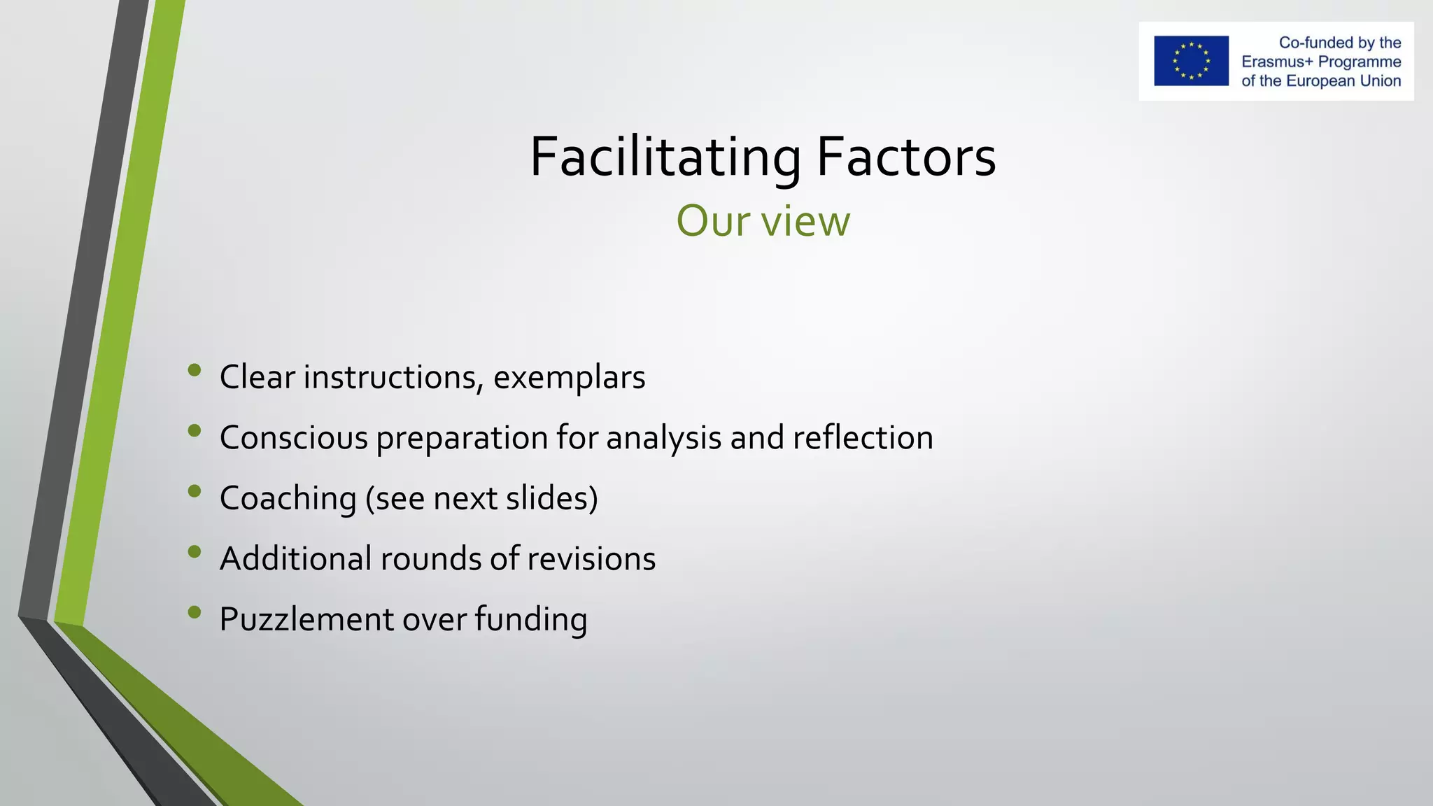Facilitating Factors
Our view
• Clear instructions, exemplars
• Conscious preparation for analysis and reflection
• Coaching (see next slides)
• Additional rounds of revisions
• Puzzlement over funding
 