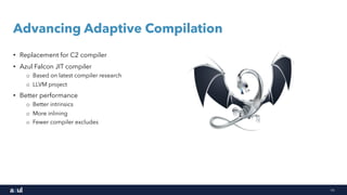14
Advancing Adaptive Compilation
• Replacement for C2 compiler
• Azul Falcon JIT compiler
o Based on latest compiler research
o LLVM project
• Better performance
o Better intrinsics
o More inlining
o Fewer compiler excludes
 