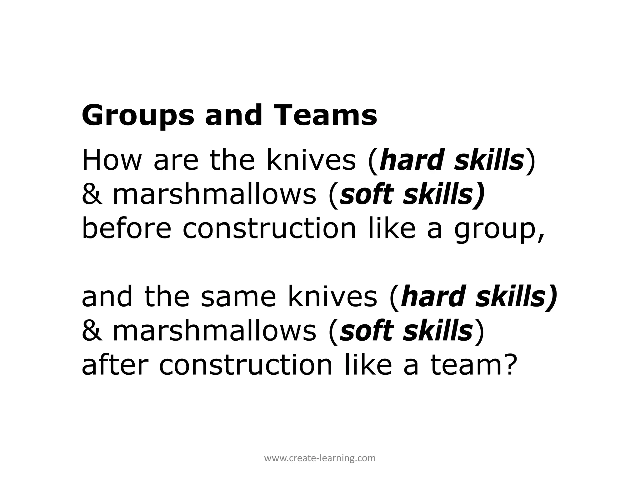Groups and Teams
How are the knives (hard skills)
& marshmallows (soft skills)
before construction like a group,

and the same knives (hard skills)
& marshmallows (soft skills)
after construction like a team?


            www.create‐learning.com
 