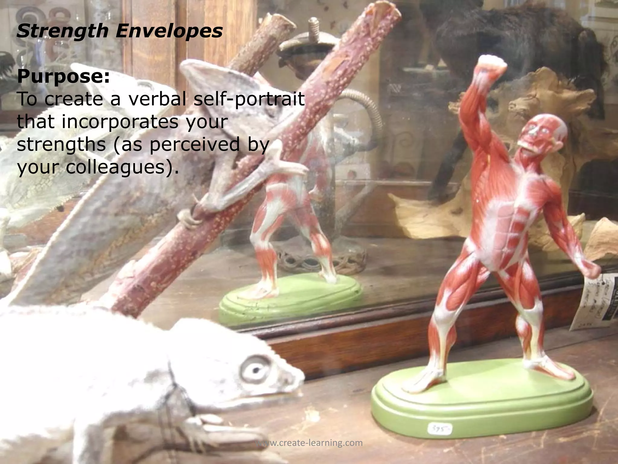Strength Envelopes

Purpose:
To create a verbal self-portrait
that incorporates your
strengths (as perceived by
your colleagues).




                          www.create‐learning.com
 