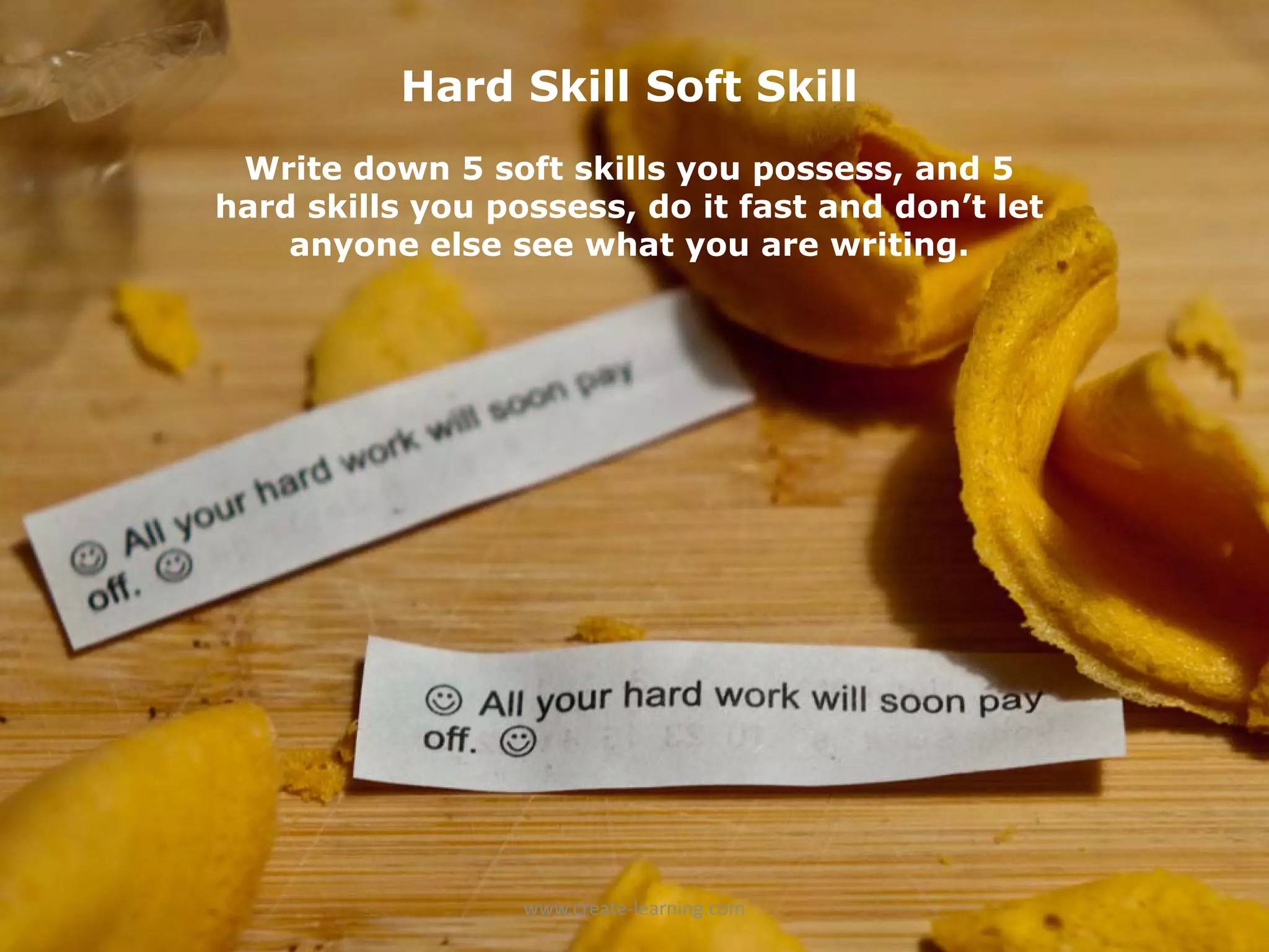 Hard Skill Soft Skill
 Write down 5 soft skills you possess, and 5
hard skills you possess, do it fast and don’t let
    anyone else see what you are writing.




                  www.create‐learning.com
 