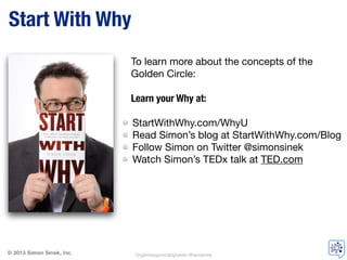 Start With Why
To learn more about the concepts of the
Golden Circle:

!
Learn your Why at:
!
StartWithWhy.com/WhyU

Read Simon’s blog at StartWithWhy.com/Blog

Follow Simon on Twitter @simonsinek

Watch Simon’s TEDx talk at TED.com
Organisasjonsrådgiveren @landsnes
 