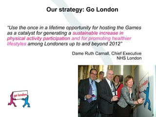 Our strategy: Go London

“Use the once in a lifetime opportunity for hosting the Games
as a catalyst for generating a sustainable increase in
physical activity participation and for promoting healthier
lifestyles among Londoners up to and beyond 2012”
                             Dame Ruth Carnall, Chief Executive
                                                  NHS London




                                                                  4
 