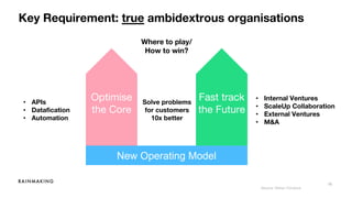16
Key Requirement: true ambidextrous organisations
New Operating Model
Optimise
the Core
Fast track
the Future
• Internal Ventures
• ScaleUp Collaboration
• External Ventures
• M&A
• APIs
• Datafication
• Automation
Where to play/
How to win?
Solve problems
for customers
10x better
Source: Simon Torrance
 