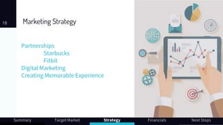 Marketing Strategy
Partnerships
Starbucks
Fitbit
Digital Marketing
Creating Memorable Experience
18
Summary Target Market Strategy Financials Next Steps
 