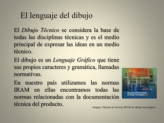 El lenguaje del dibujo
El Dibujo Técnico se considera la base de
todas las disciplinas técnicas y es el medio
principal de expresar las ideas en un medio
técnico.
El dibujo es un Lenguaje Gráfico que tiene
sus propios caracteres y gramática, llamadas
normativas.
En nuestro país utilizamos las normas
IRAM en ellas encontramos todas las
normas relacionadas con la documentación
técnica del producto.
Imágen: Manual de Normas IRAM de dibujo tecnológico.

 
