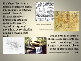 El Dibujo Técnico es la
forma de expresión escrita
más antigua y se entiende
en todo el mundo.
En estos ejemplos:
primero que data de la
época de los griegos,
segundo se explica el
mecanismo de recolección
de agua a través de una
rueda.

Imágenes: dibujo para ingeniería.

Imagen: dibujo de la Era Moderna.

Una palabra es un símbolo
abstracto que representa una
cosa o una idea, pero una
imagen representa un objeto
como se aprecia en la vida
real
Imagen: plataformaarquitectura.cl

 