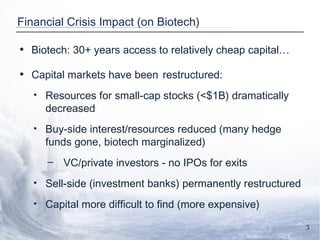 Financial Crisis Impact (on Biotech) Biotech: 30+ years access to relatively cheap capital… Capital markets have been   restructured: Resources for small-cap stocks (<$1B) dramatically decreased Buy-side interest/resources reduced (many hedge funds gone, biotech marginalized) VC/private investors - no IPOs for exits Sell-side (investment banks) permanently restructured Capital more difficult to find (more expensive) 