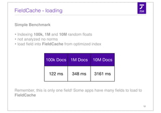 FieldCache - loading

Simple Benchmark

• Indexing 100k, 1M and 10M random ﬂoats
• not analyzed no norms
• load ﬁeld into FieldCache from optimized index


                 100k Docs     1M Docs     10M Docs


                   122 ms      348 ms       3161 ms


Remember, this is only one ﬁeld! Some apps have many ﬁelds to load to
FieldCache

                                                                        12
 