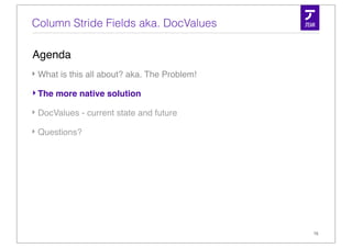 Column Stride Fields aka. DocValues

Agenda
‣ What is this all about? aka. The Problem!

‣ The more native solution

‣ DocValues - current state and future

‣ Questions?




                                              15
 