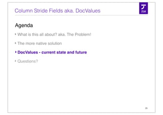 Column Stride Fields aka. DocValues

Agenda
‣ What is this all about? aka. The Problem!

‣ The more native solution

‣ DocValues - current state and future

‣ Questions?




                                              29
 