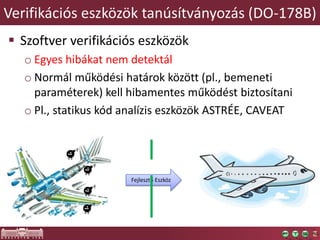 Verifikációs eszközök tanúsítványozás (DO-178B)
 Szoftver verifikációs eszközök
o Egyes hibákat nem detektál
o Normál működési határok között (pl., bemeneti
paraméterek) kell hibamentes működést biztosítani
o Pl., statikus kód analízis eszközök ASTRÉE, CAVEAT
Fejlesztő Eszköz
 