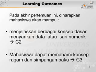 3
Learning Outcomes
Pada akhir pertemuan ini, diharapkan
mahasiswa akan mampu :
• menjelaskan berbagai konsep dasar
menyarikan data atau sari numerik
 C2
• Mahasiswa dapat memahami konsep
ragam dan simpangan baku  C3
 