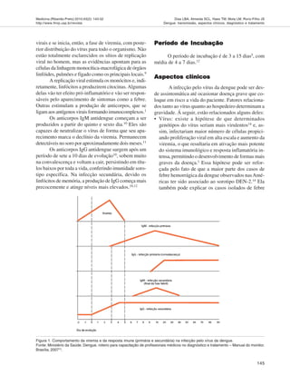 Medicina (Ribeirão Preto) 2010;43(2): 143-52
http://www.fmrp.usp.br/revista
145
Dias LBA, Almeida SCL, Haes TM, Mota LM, Roriz-Filho JS
Dengue: transmissão, aspectos clínicos, diagnóstico e tratamento
virais e se inicia, então, a fase de viremia, com poste-
rior distribuição do vírus para todo o organismo. Não
estão totalmente esclarecidos os sítios de replicação
viral no homem, mas as evidências apontam para as
células da linhagem monocítica-macrofágica de órgãos
linfóides, pulmões e fígado como os principais locais.9
A replicação viral estimula os monócitos e, indi-
retamente, linfócitos a produzirem citocinas.Algumas
delas vão ter efeito pró-inflamatório e vão ser respon-
sáveis pelo aparecimento de sintomas como a febre.
Outras estimulam a produção de anticorpos, que se
ligam aos antígenos virais formando imunocomplexos.1
Os anticorpos IgM antidengue começam a ser
produzidos a partir do quinto e sexto dia.10
Eles são
capazes de neutralizar o vírus de forma que seu apa-
recimento marca o declínio da viremia. Permanecem
detectáveis no soro por aproximadamente dois meses.11
Os anticorpos IgG antidengue surgem após um
período de sete a 10 dias de evolução10
, sobem muito
na convalescença e voltam a cair, persistindo em títu-
los baixos por toda a vida, conferindo imunidade soro-
tipo específica. Na infecção secundária, devido os
linfócitos de memória, a produção de IgG começa mais
precocemente e atinge níveis mais elevados.10,12
Período de IncubaçãoPeríodo de IncubaçãoPeríodo de IncubaçãoPeríodo de IncubaçãoPeríodo de Incubação
O período de incubação é de 3 a 15 dias5, com
média de 4 a 7 dias.12
Aspectos clínicosAspectos clínicosAspectos clínicosAspectos clínicosAspectos clínicos
A infecção pelo vírus da dengue pode ser des-
de assintomática até ocasionar doença grave que co-
loque em risco a vida do paciente. Fatores relaciona-
dos tanto ao vírus quanto ao hospedeiro determinam a
gravidade. Á seguir, estão relacionados alguns deles:
• Vírus: existe a hipótese de que determinados
genótipos do vírus seriam mais virulentos14
e, as-
sim, infectariam maior número de células propici-
ando proliferação viral em alta escala e aumento da
viremia, o que resultaria em ativação mais potente
do sistema imunológico e resposta inflamatória in-
tensa, permitindo o desenvolvimento de formas mais
graves da doença.1
Essa hipótese pode ser refor-
çada pelo fato de que a maior parte dos casos de
febre hemorrágica da dengue observados nasAmé-
ricas ter sido associado ao sorotipo DEN-2.14 Ela
também pode explicar os casos isolados de febre
Figura 1. Comportamento da viremia e da resposta imune (primária e secundária) na infecção pelo vírus da dengue.
Fonte: Ministério da Saúde. Dengue, roteiro para capacitação de profissionais médicos no diagnóstico e tratamento – Manual do monitor.
Brasília, 200713
.
 